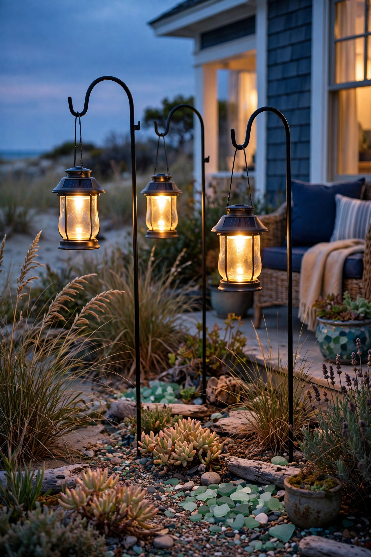 Solar lanterns hanging from shepherd's hooks glowing in a coastal garden at twilight