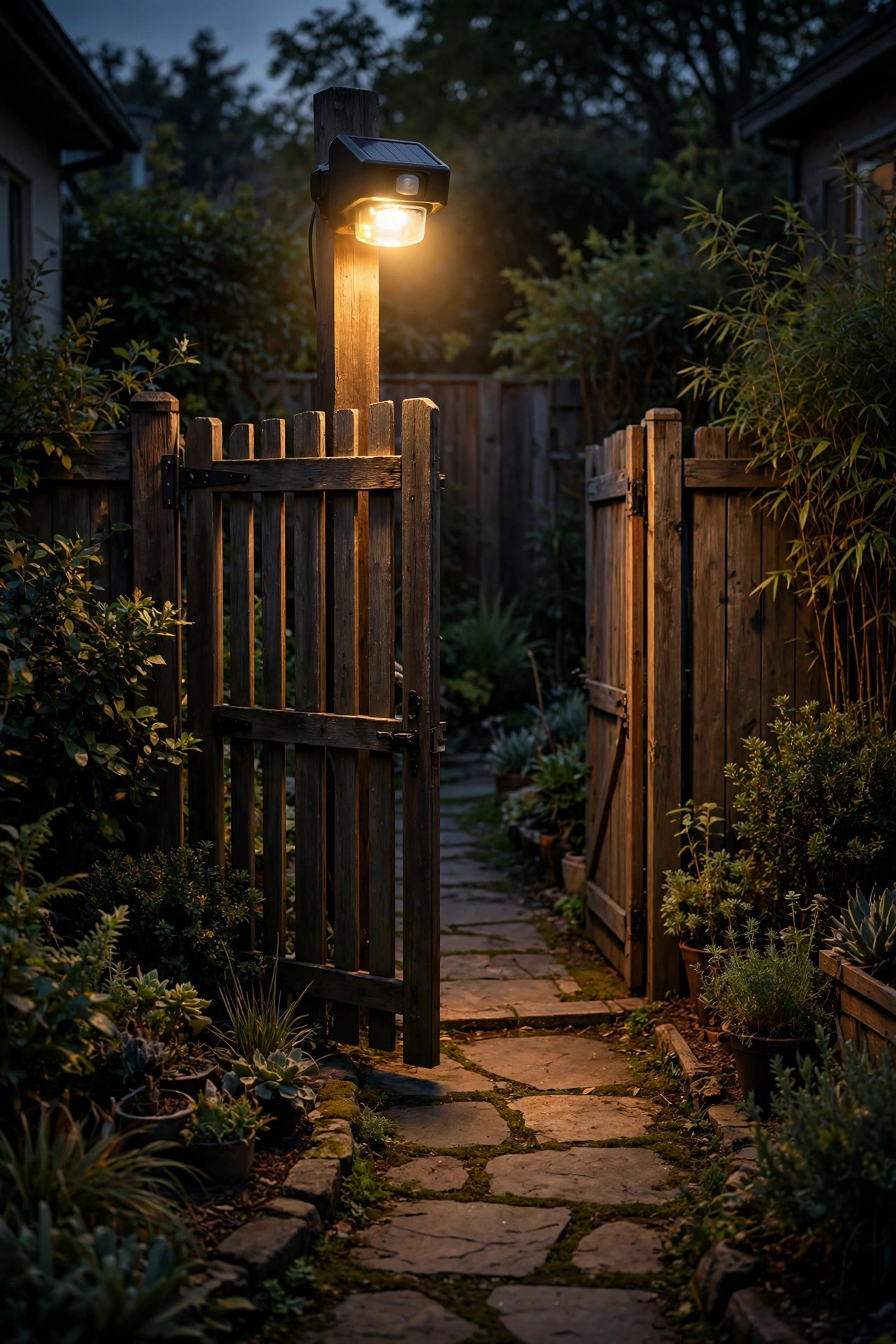 Solar motion sensor security light glowing brightly above a backyard gate and pathway at night