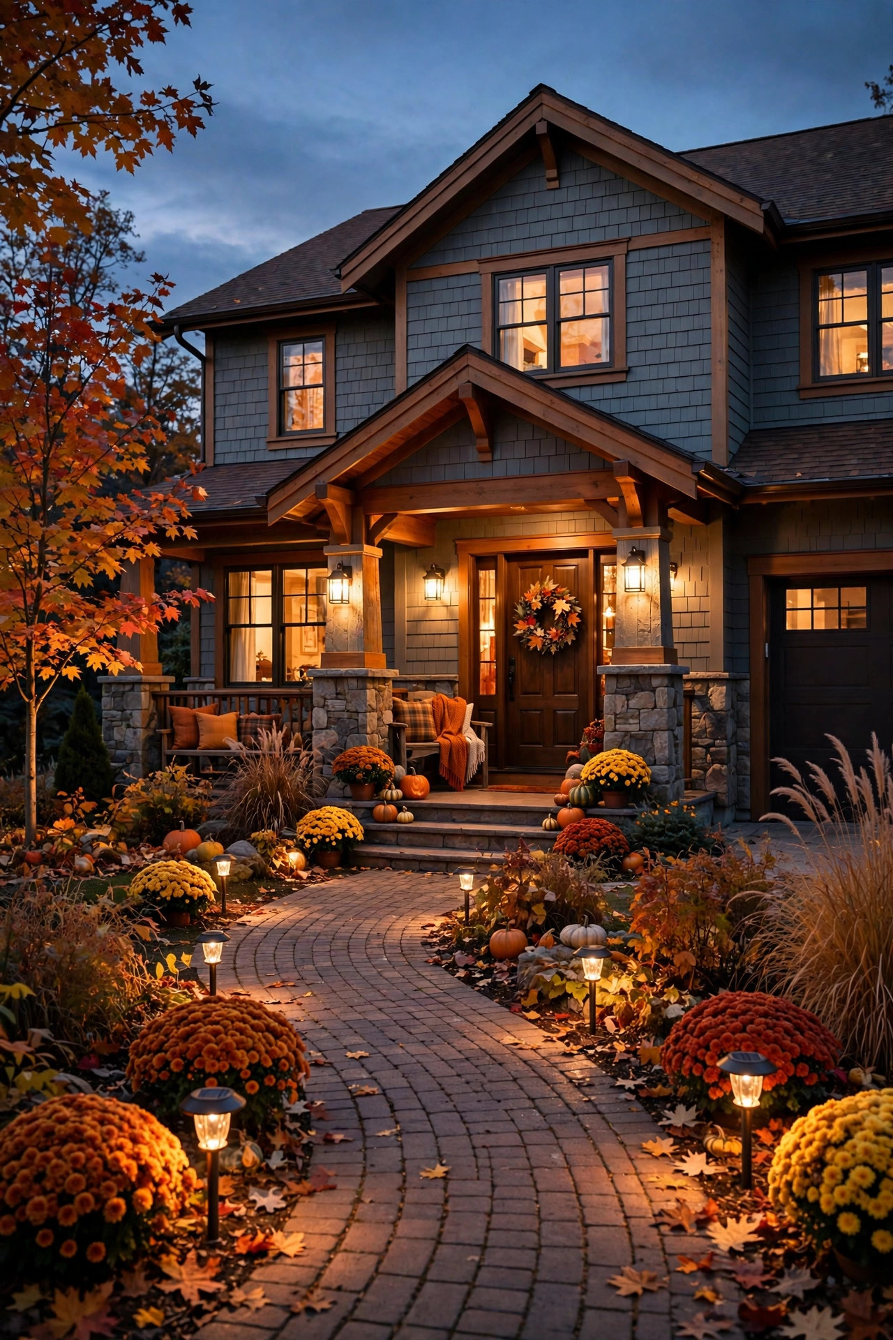 Solar path lights glowing warm along a front walkway at dusk in autumn