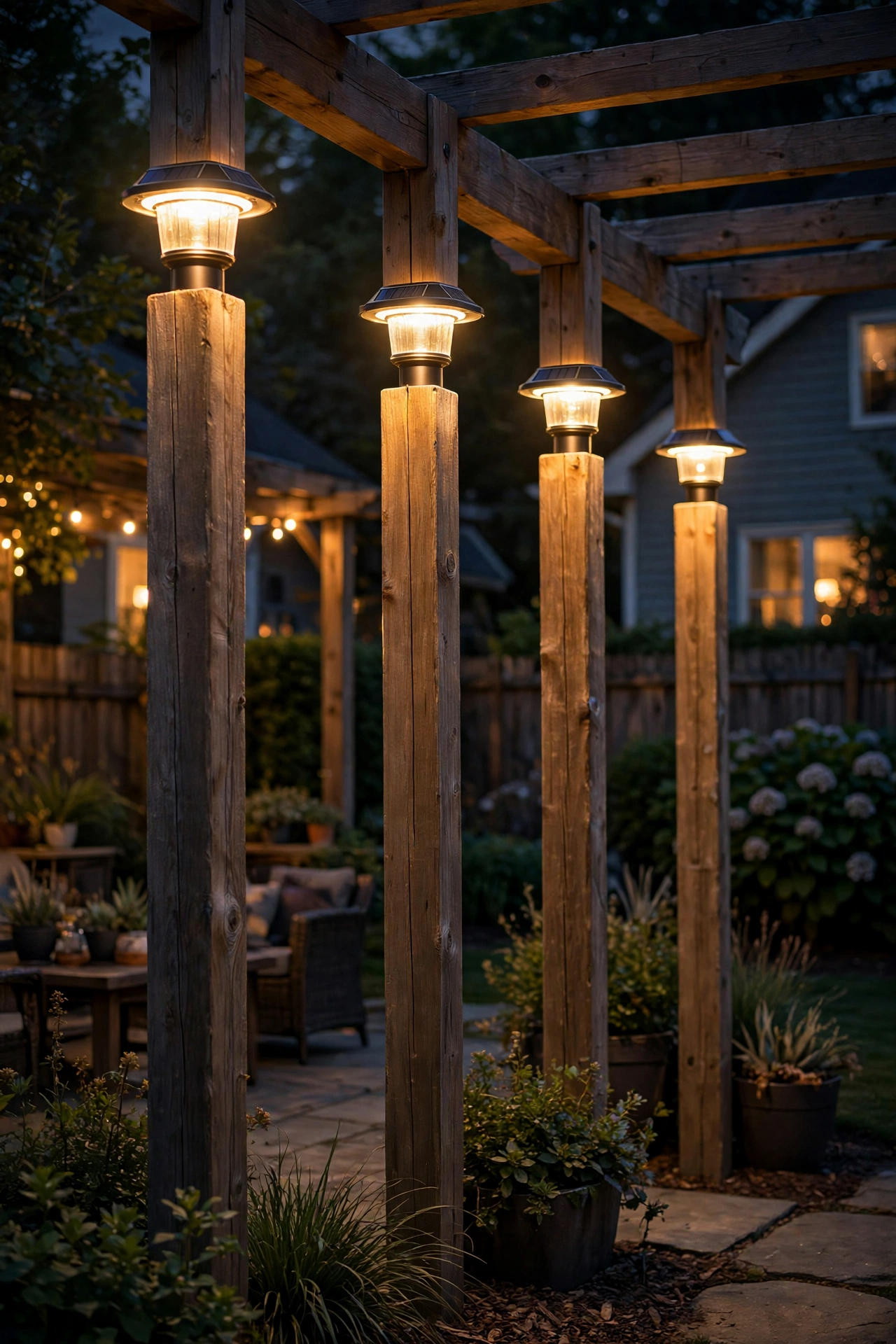 Solar post cap lights glowing warmly atop wooden pergola posts at night
