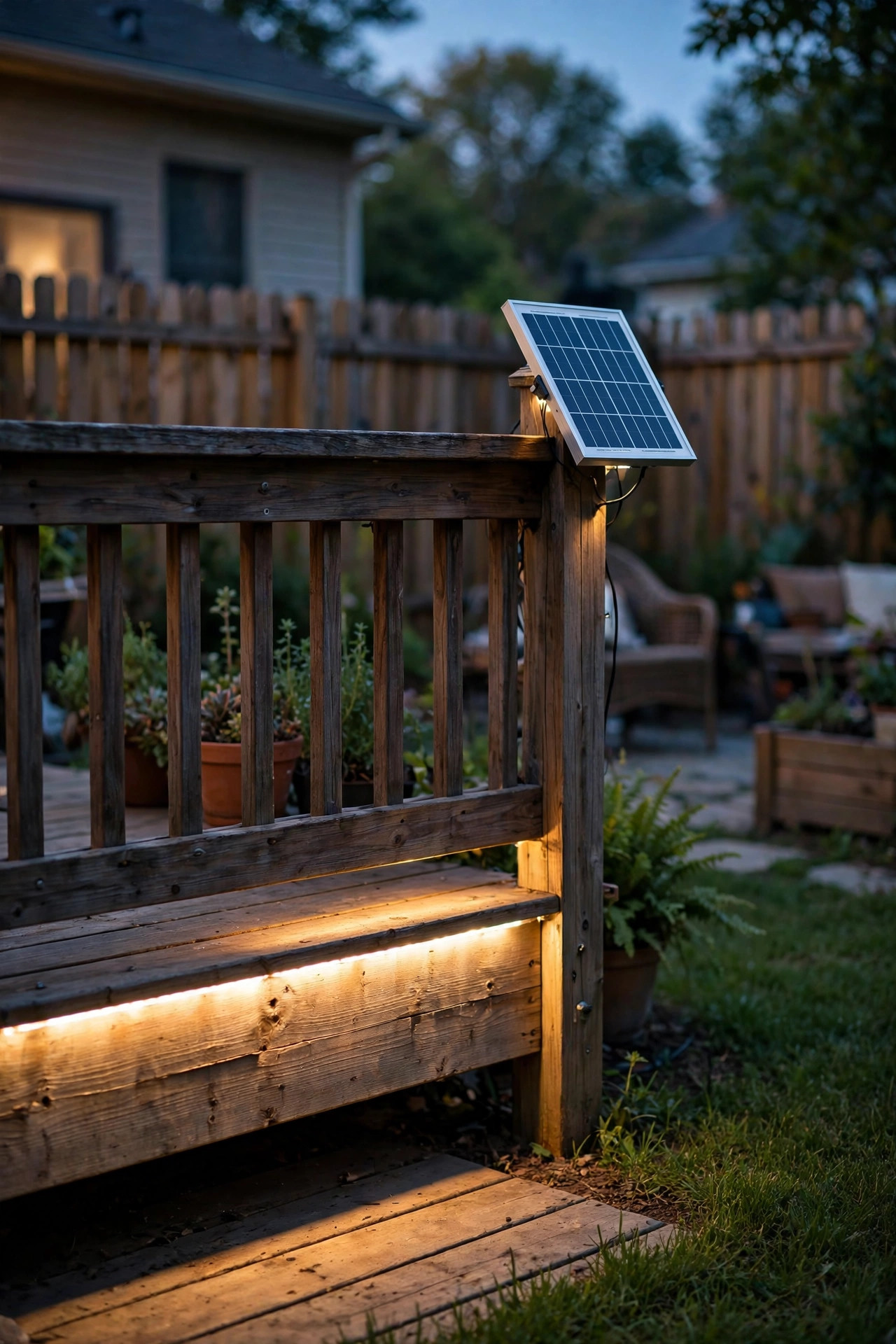 Solar powered LED strip under deck rail glowing warm at dusk with small solar panel visible