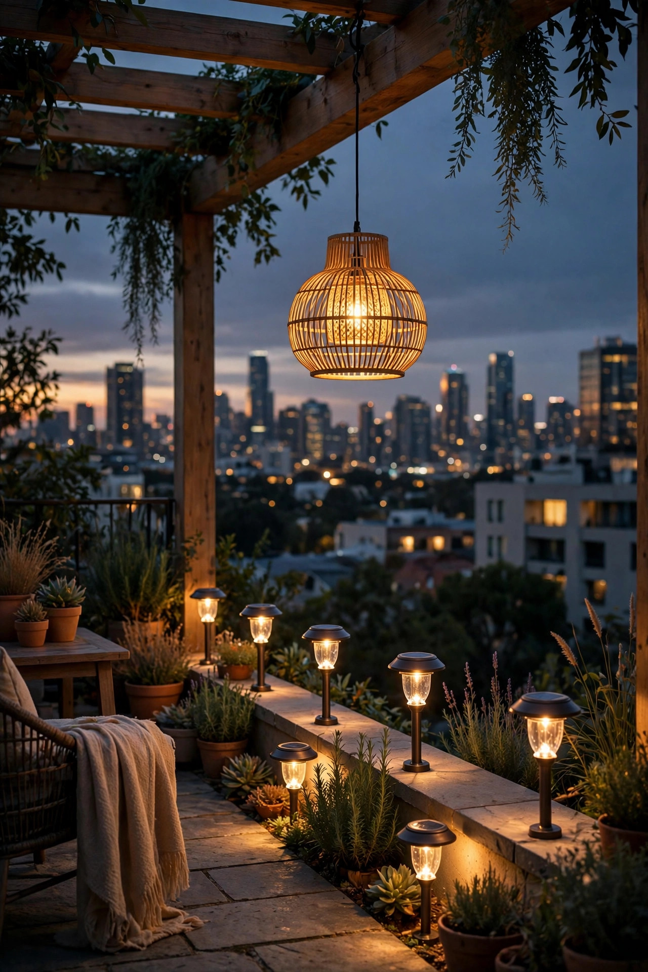 Solar path lights and a solar pendant glowing on a sunny rooftop terrace at dusk, warm light with the skyline behind