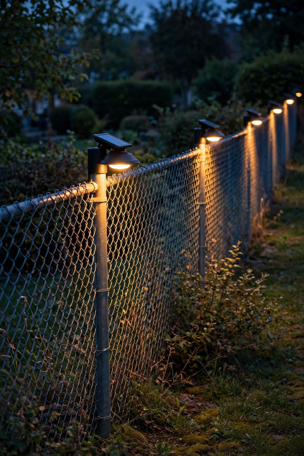 Solar sconce lights mounted on chain-link fence posts washing warm light down the fence line at night