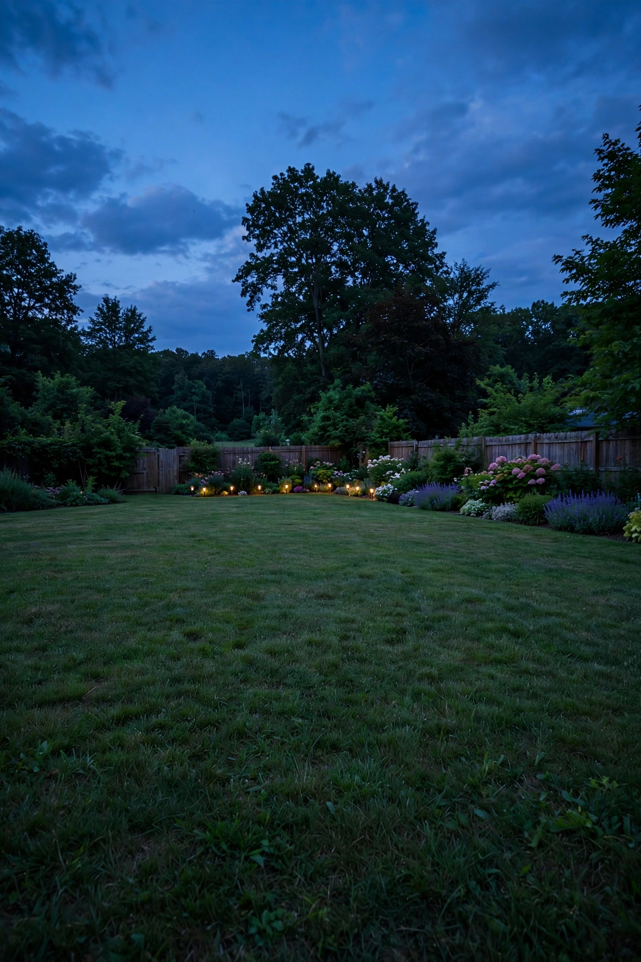 Small solar stake lights glowing along a distant garden bed at the far corner of a suburban backyard at dusk