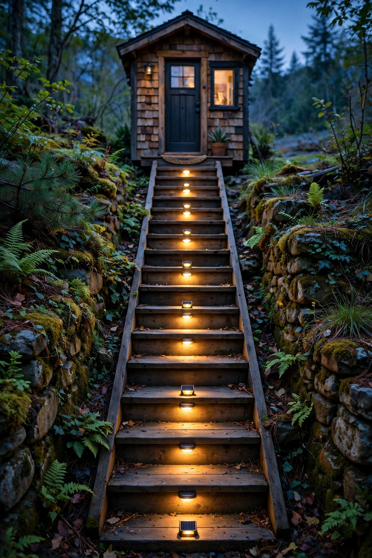 Row of small solar step lights glowing on porch staircase risers at dusk, photorealistic