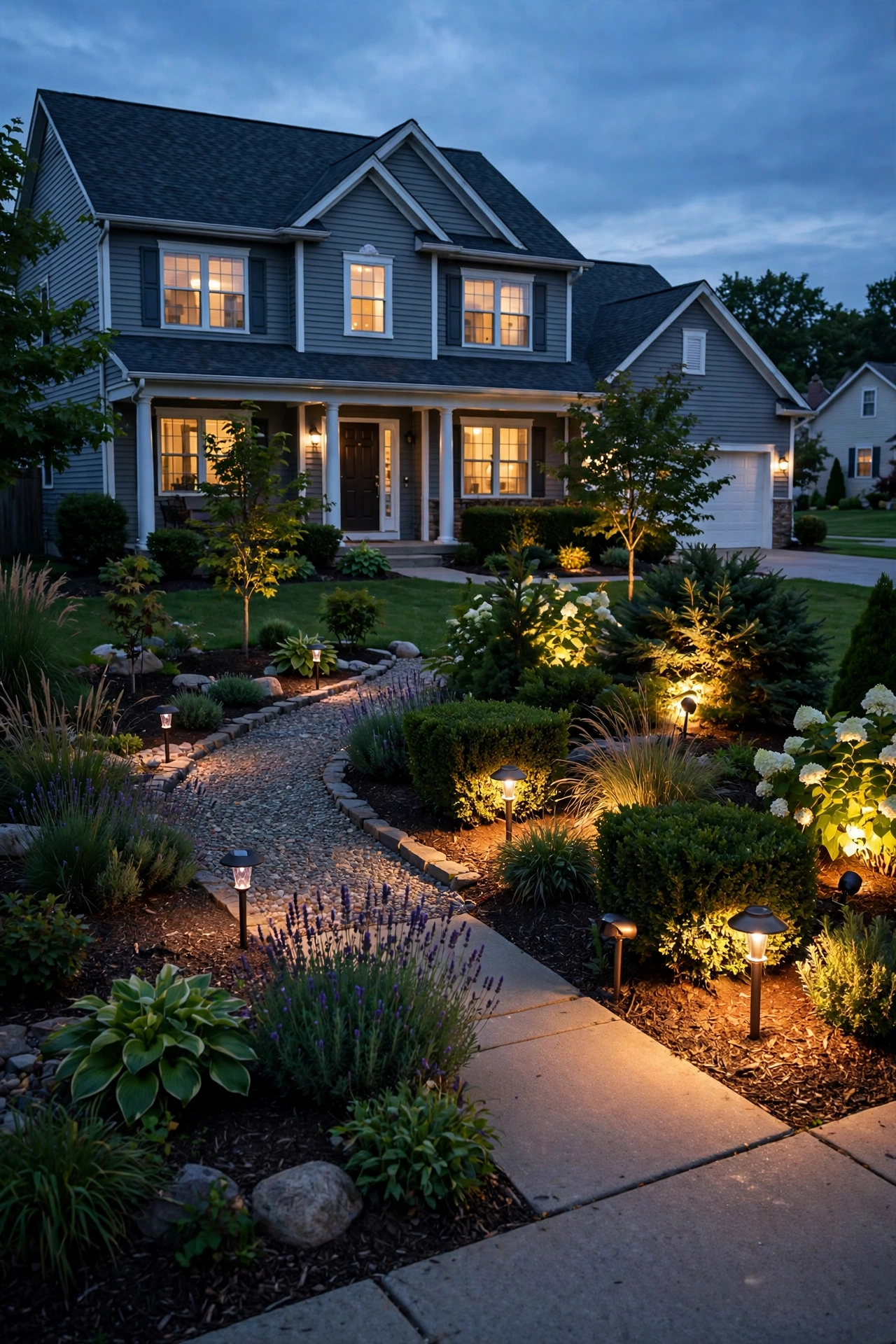 Side-by-side comparison of solar and wired low-voltage fixtures for outdoor lighting curb appeal