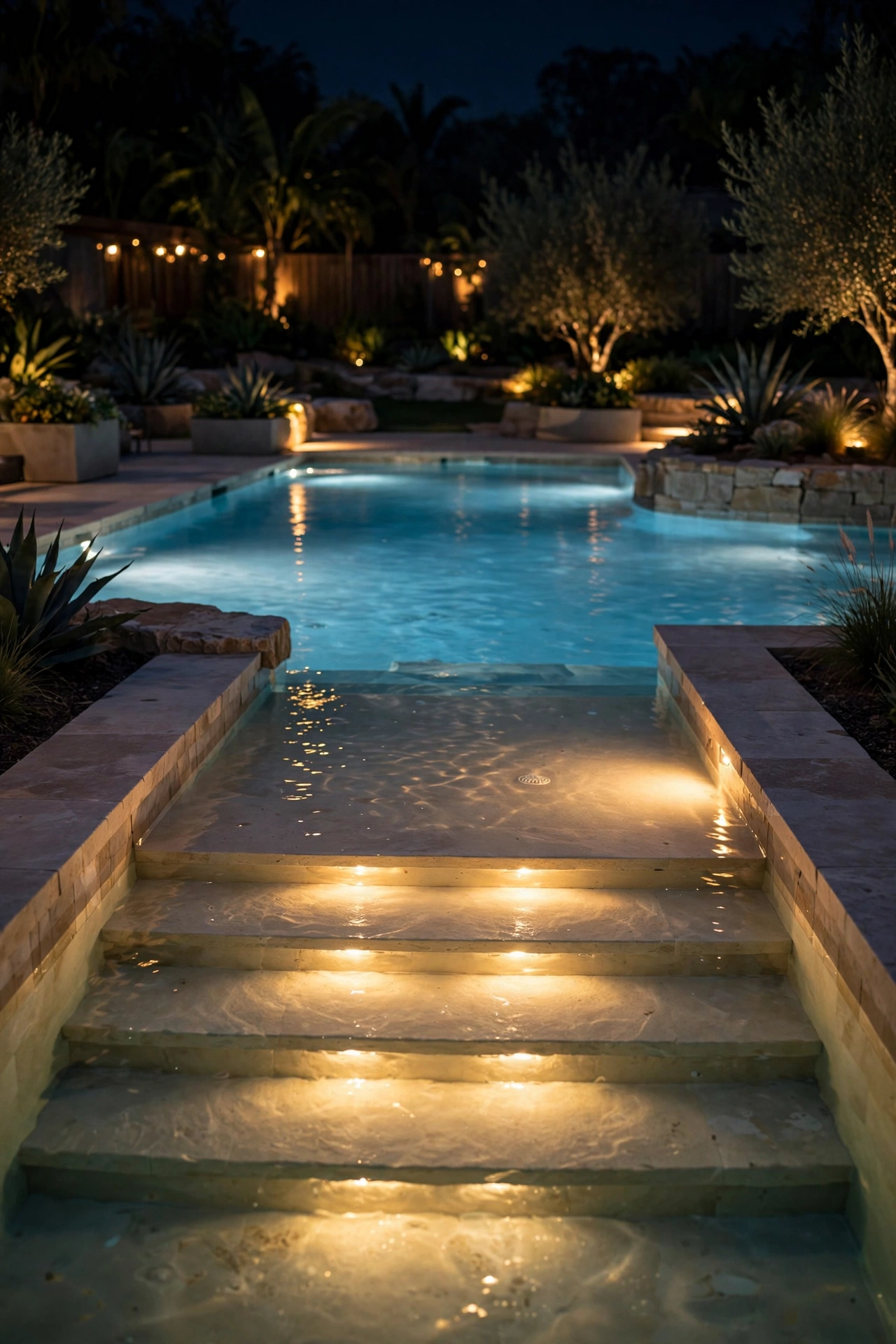 Warm accent lights illuminating pool entry steps and a baja shelf at night