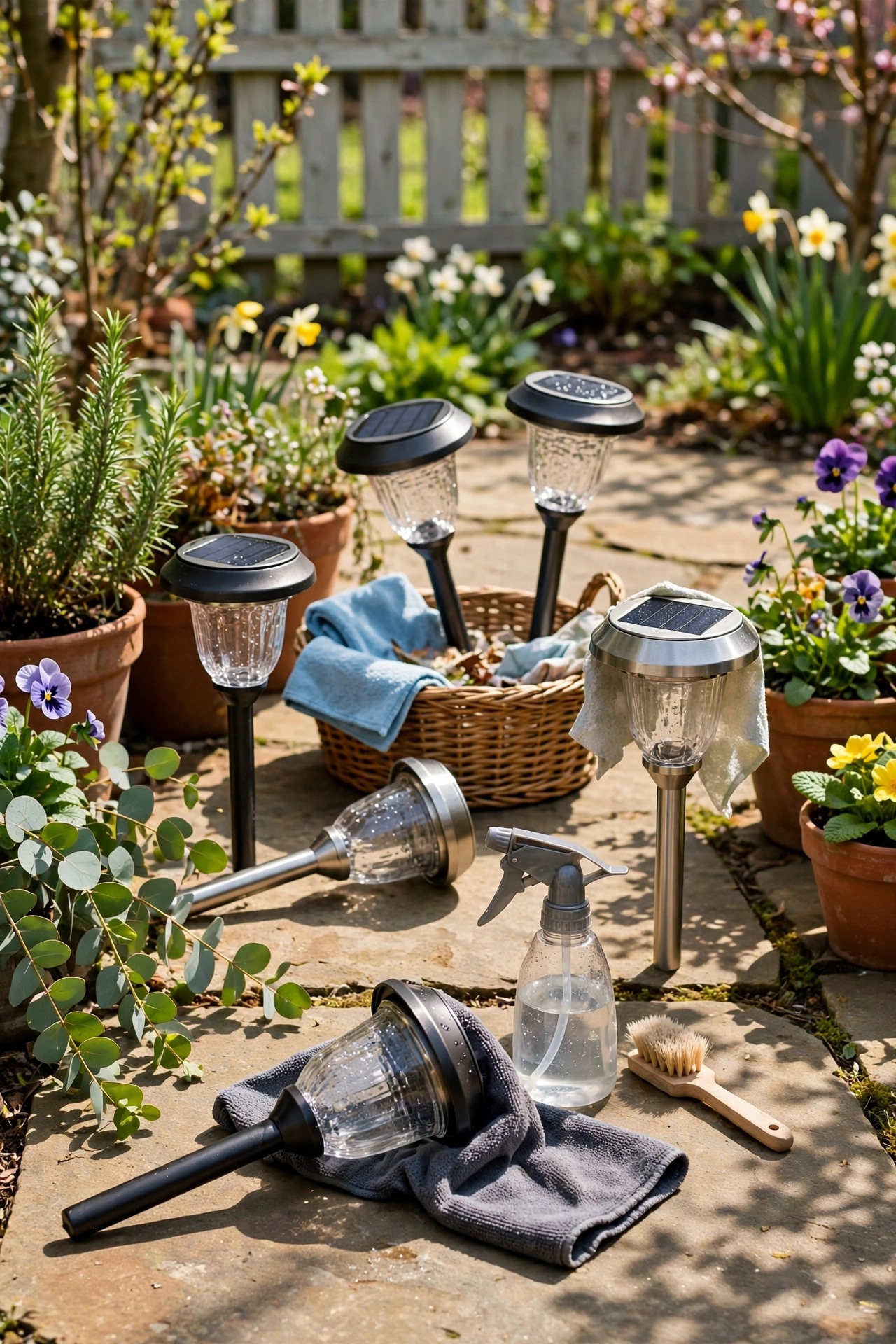 Solar path lights being wiped clean and checked on a sunny spring patio before going back into the garden