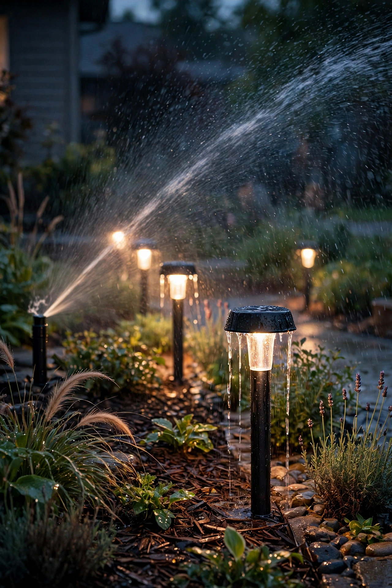 Sprinkler spray arcing over glowing path lights in a front garden bed at dusk, water streaming off the wet-rated fixtures