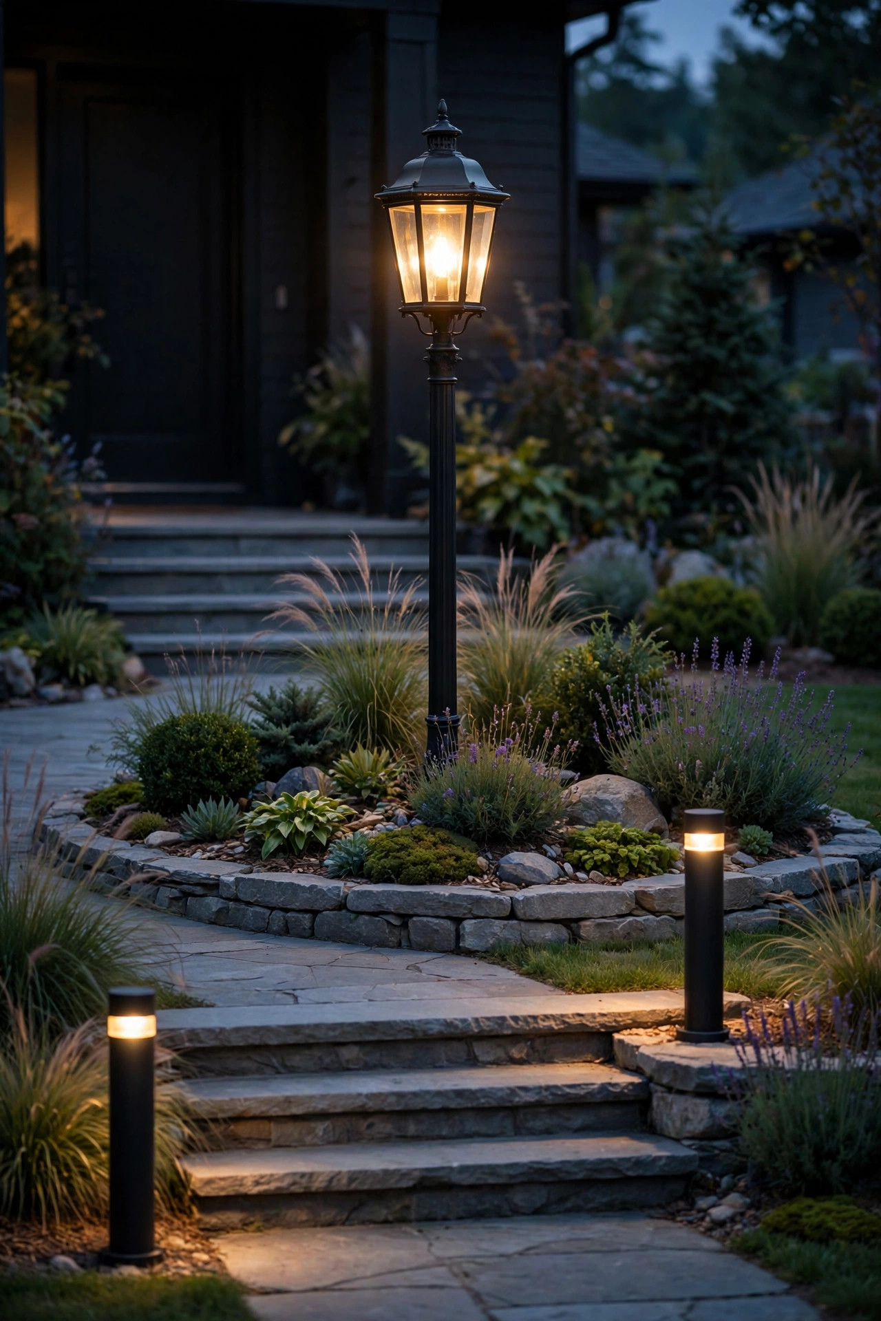 A single elegant lantern post light as the focal point of a front entry island bed at dusk with bollards flanking the walkway steps