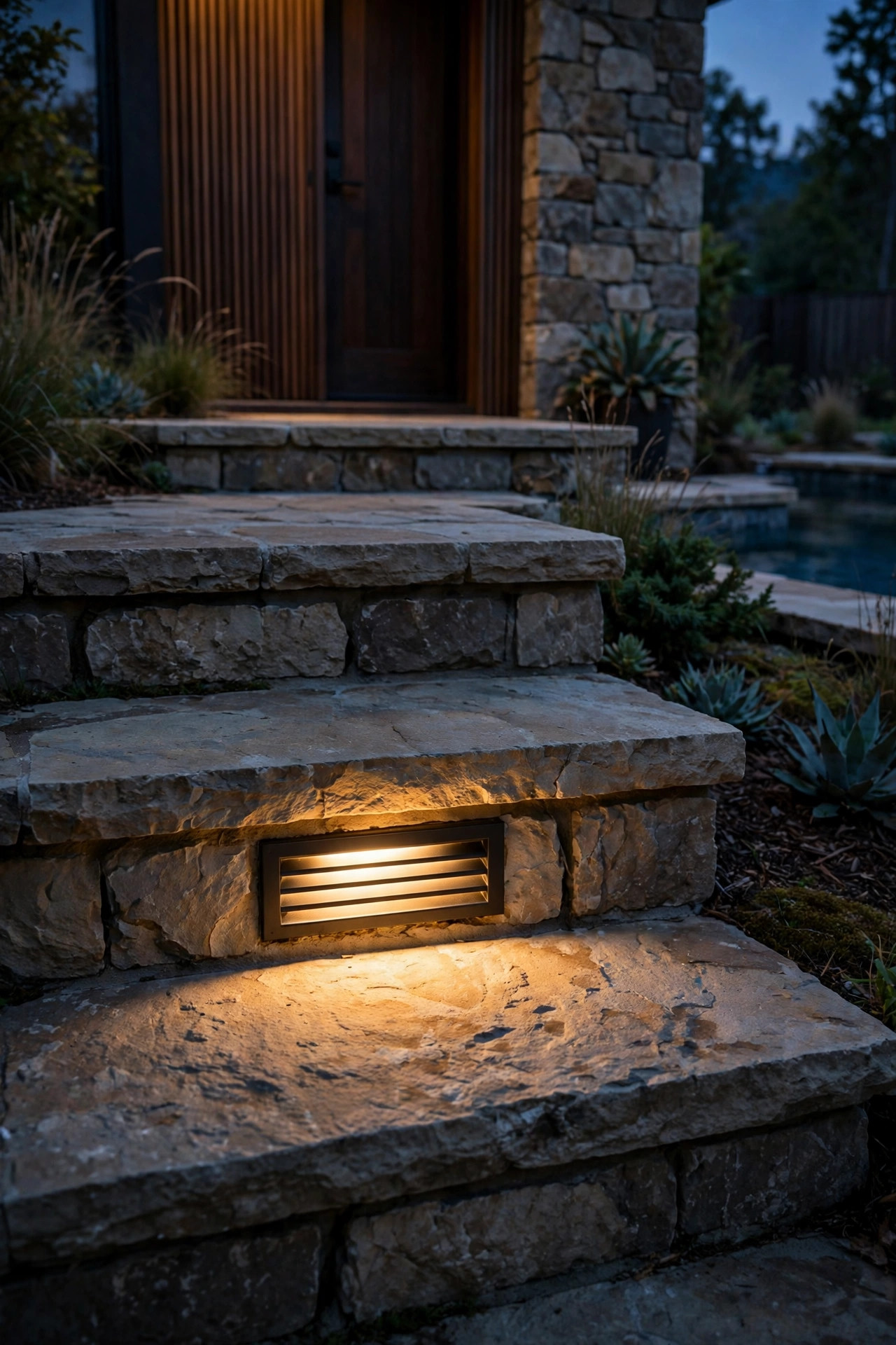 Recessed louvered step light washing a stone step at a pool house entrance with warm light