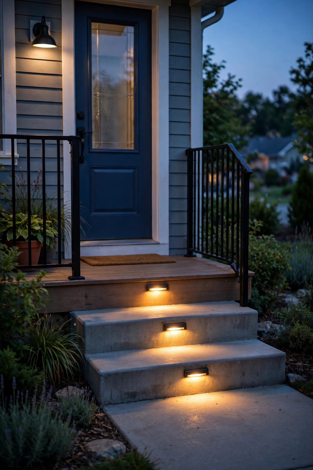 Small warm step lights glowing on each tread of a compact front porch stoop at dusk