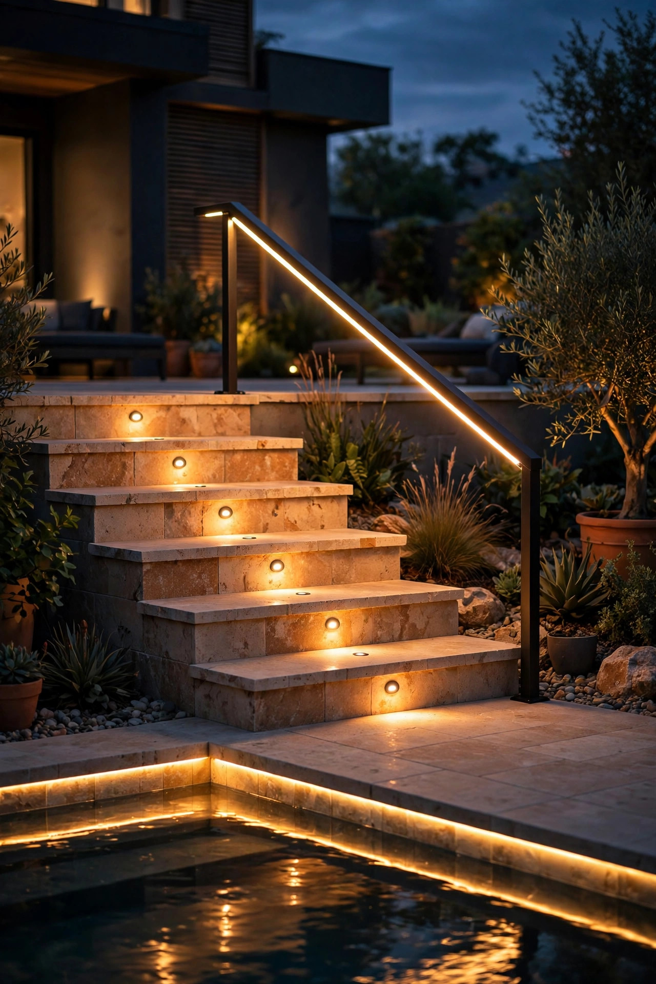 Pool deck steps and handrail lit by recessed step lights and an under-rail LED strip at night