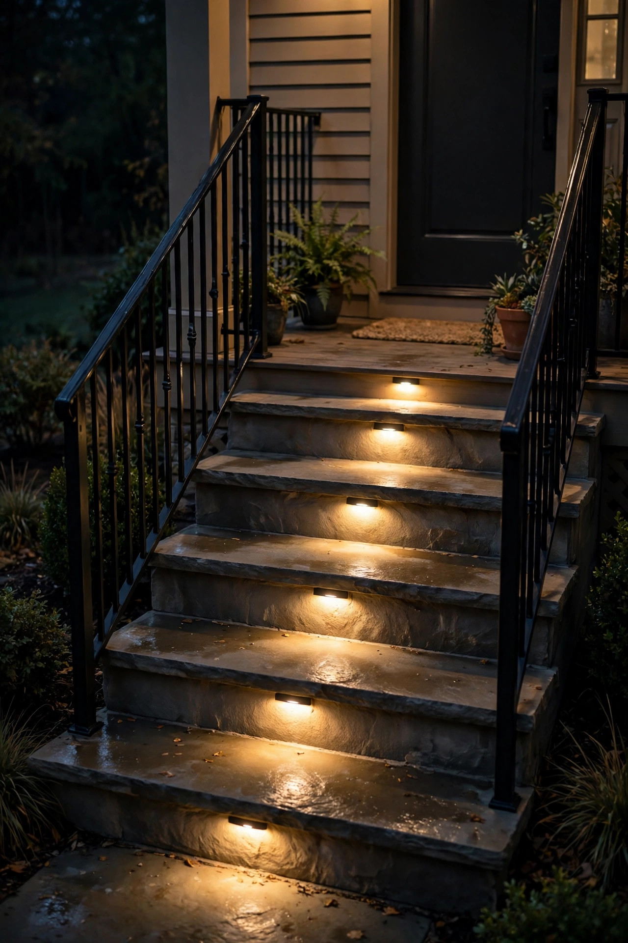 Recessed step lights glowing on front porch stairs at night, each tread clearly lit for safe footing