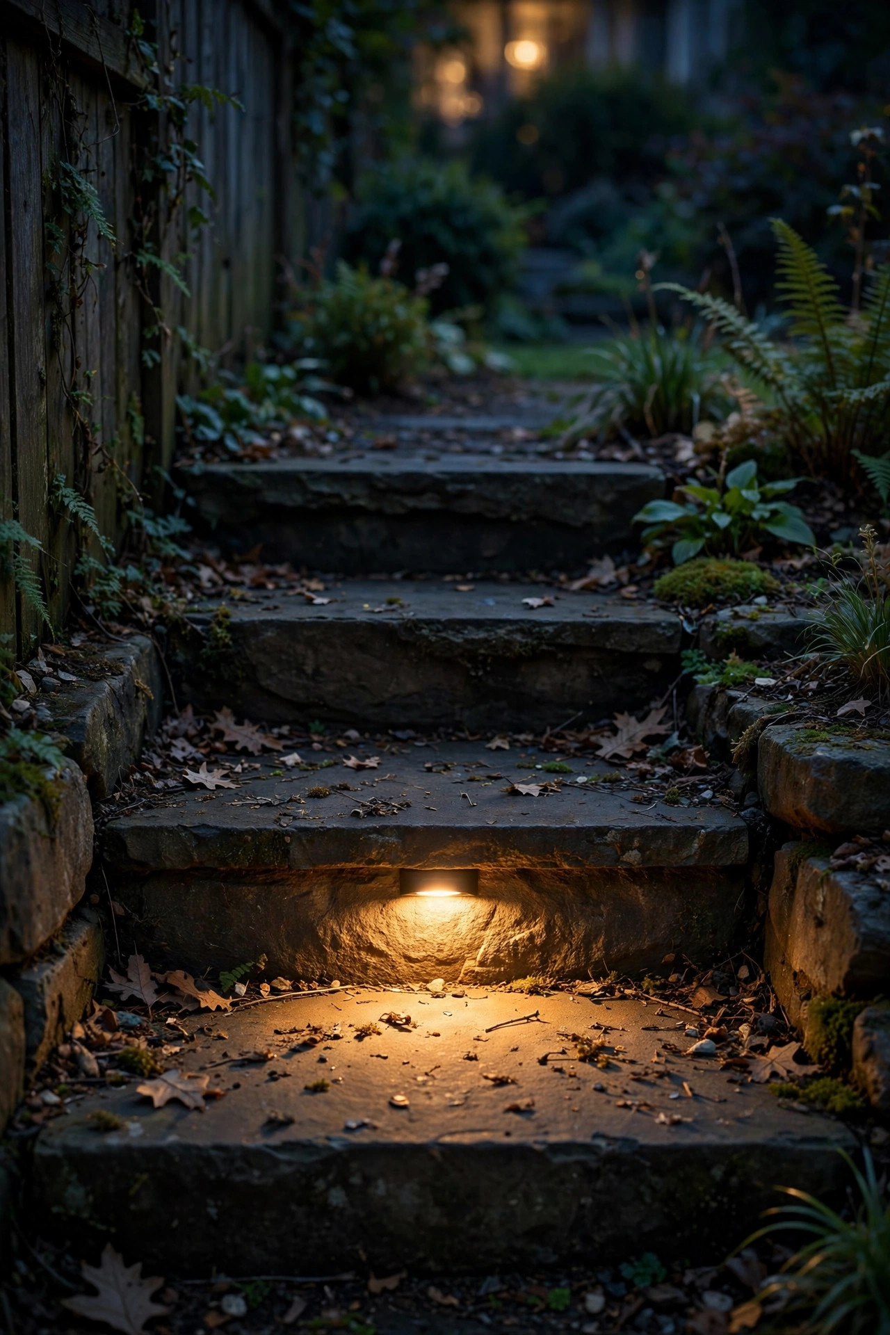 Recessed step light washing warm light across a side yard step at night