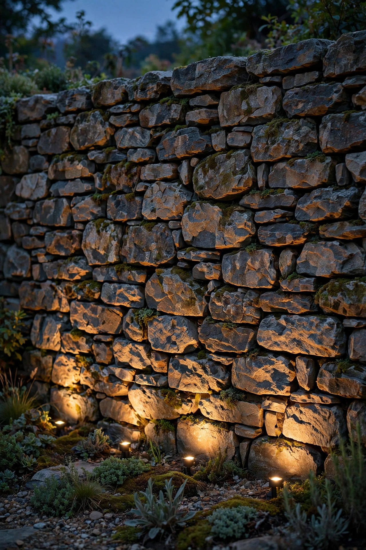 Dry-stacked stone garden wall washed with warm grazing light from small fixtures at its base