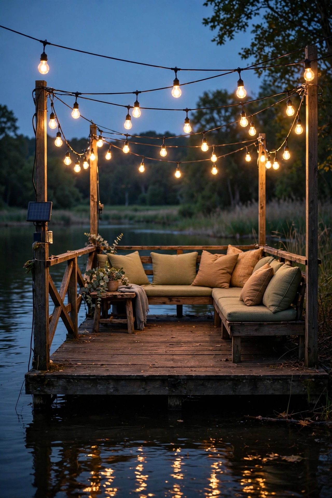 Solar string lights with warm shatterproof bulbs hanging over the seating end of a dock at dusk