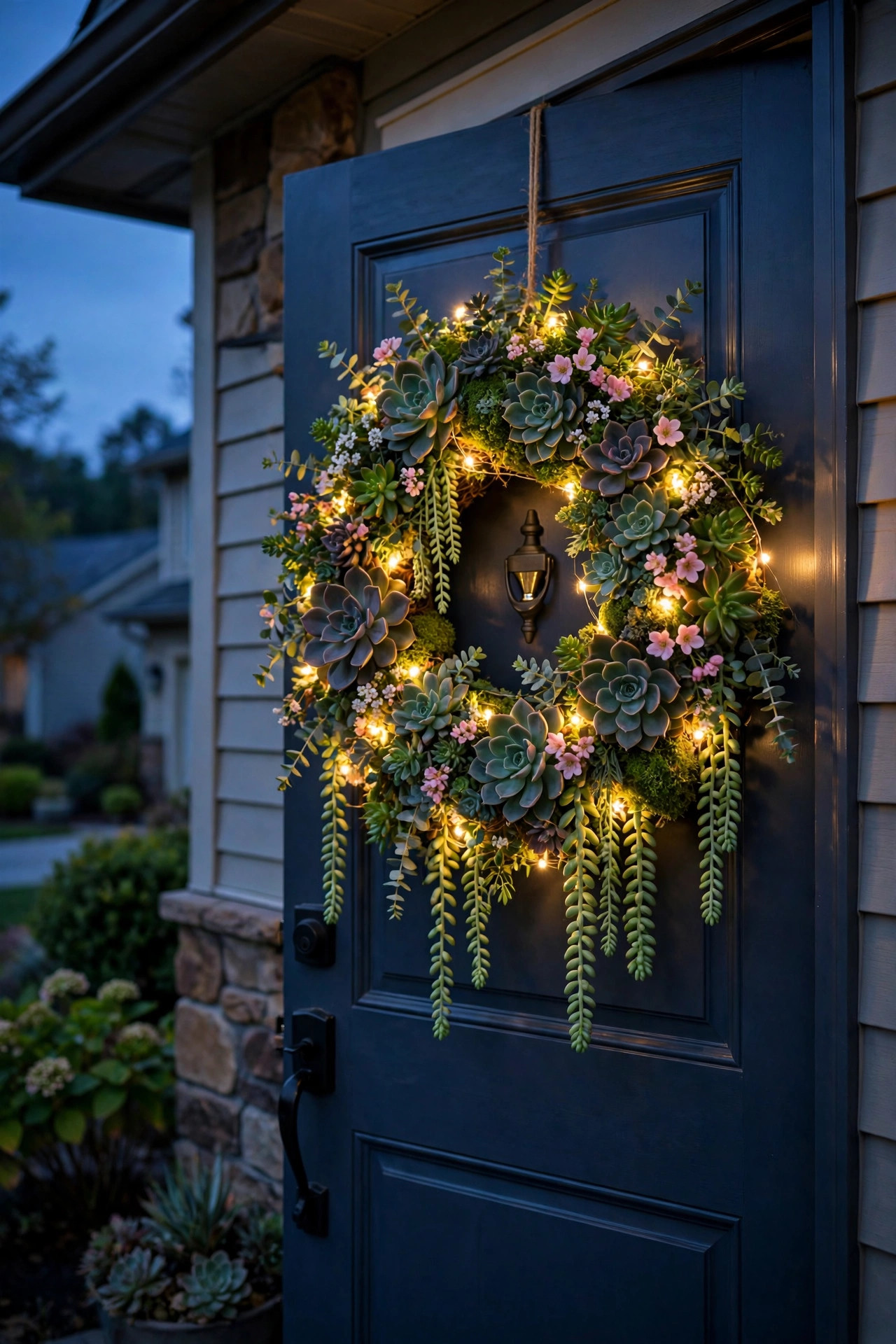 Living succulent spring wreath with solar fairy lights draped over the leaves at twilight