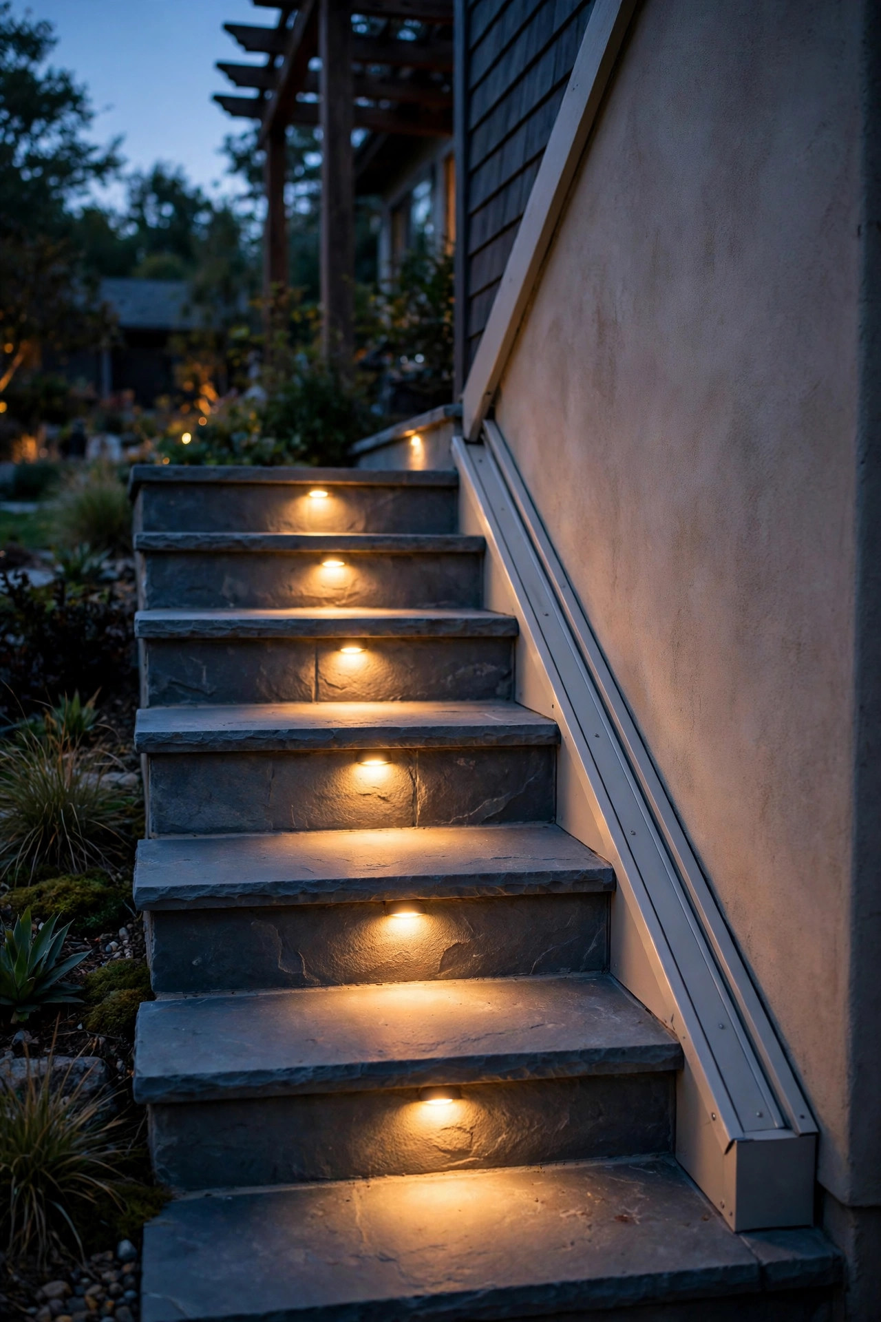 Slim paintable surface raceway hiding low-voltage cable along the side of a staircase with step lights