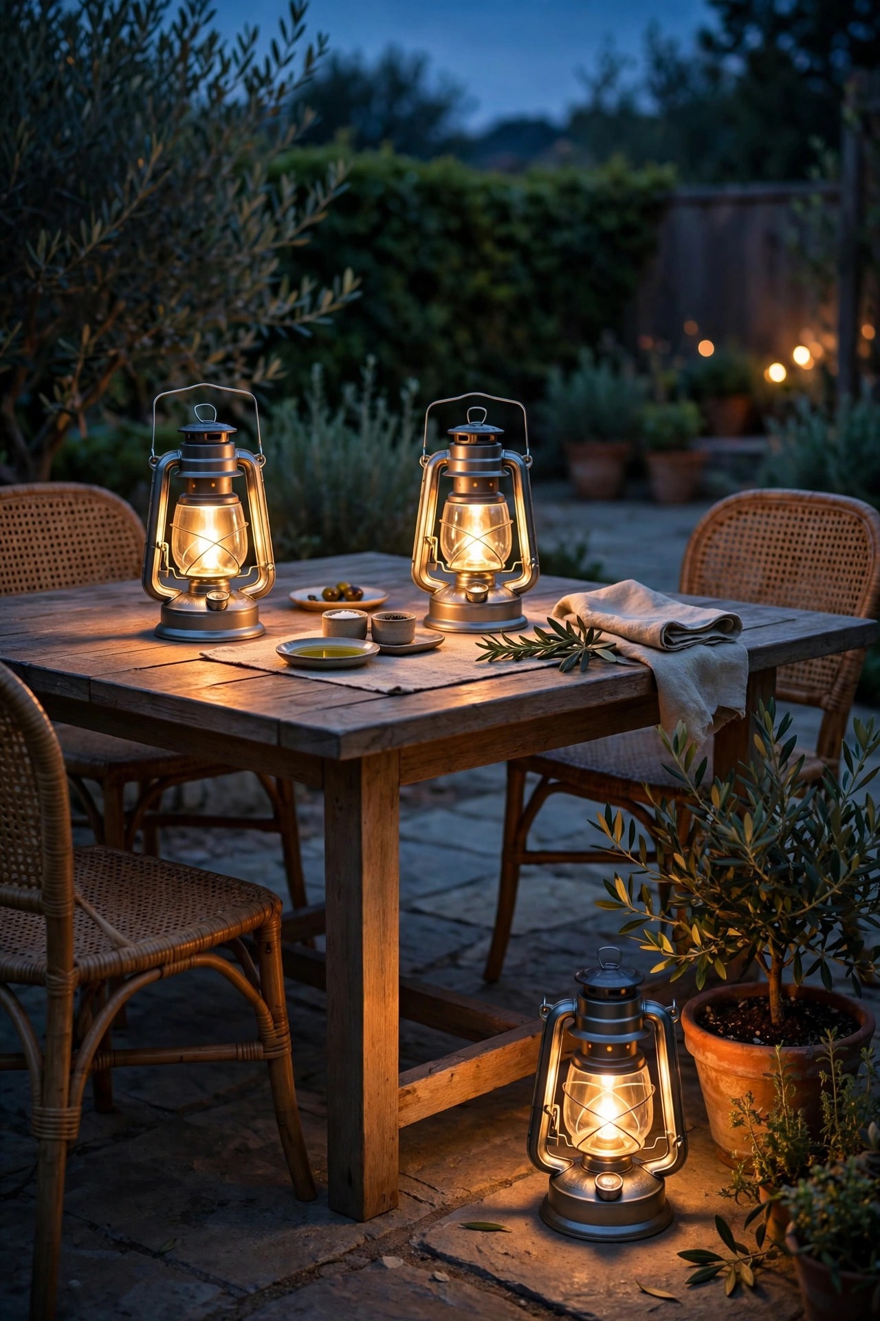 Three portable battery lanterns glowing warmly on an outdoor dining table and patio floor at dusk