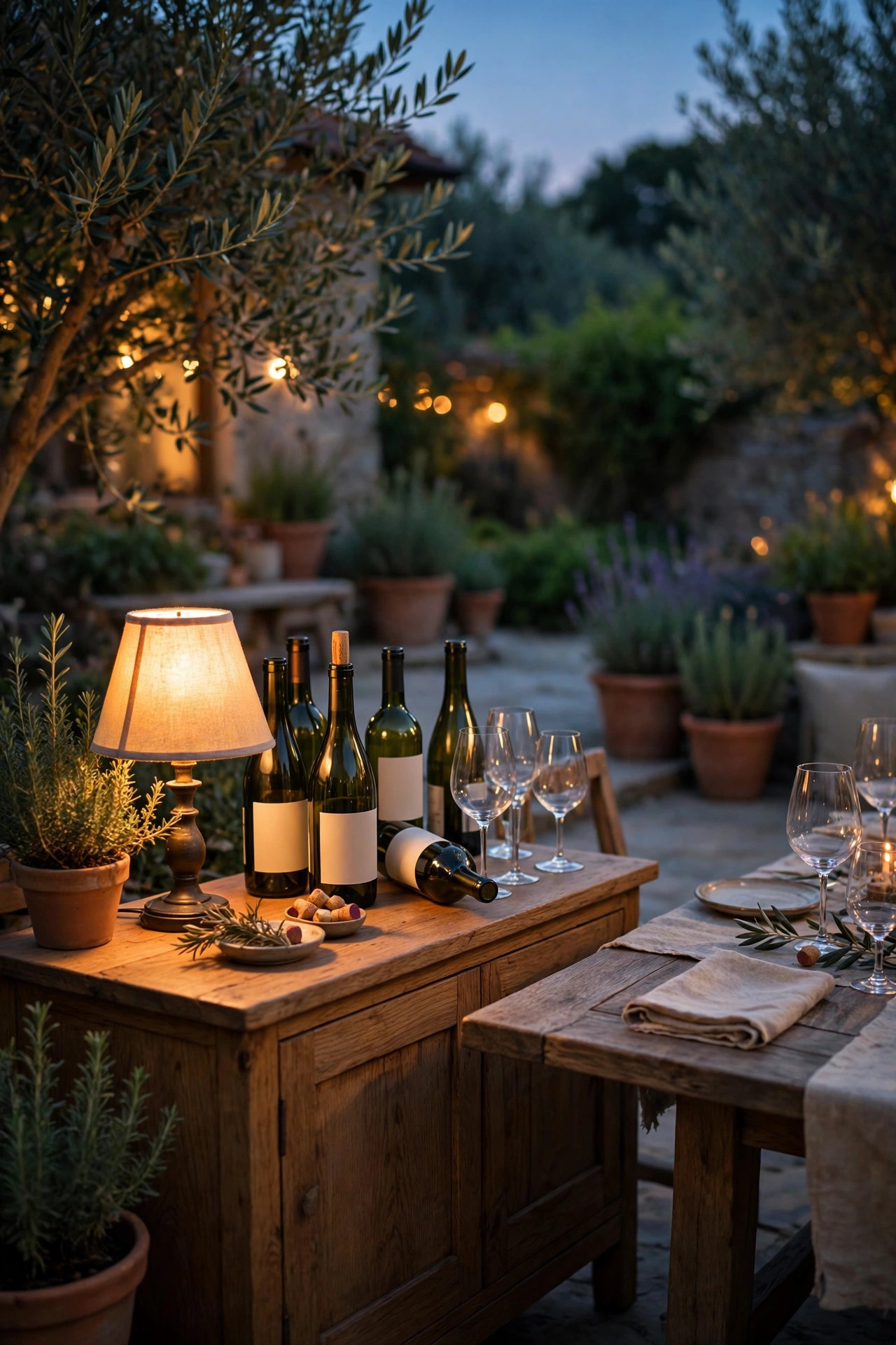 Small shaded lamp glowing on a sideboard tasting station with wine bottles and glasses beside the main table