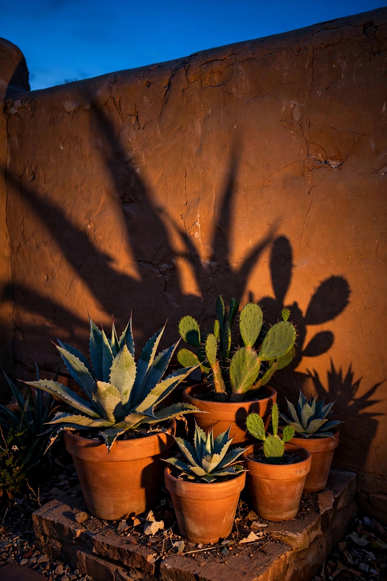 Cluster of terra cotta pots with agave and prickly pear warmly spotlighted at dusk, casting long plant shadows on an adobe wall