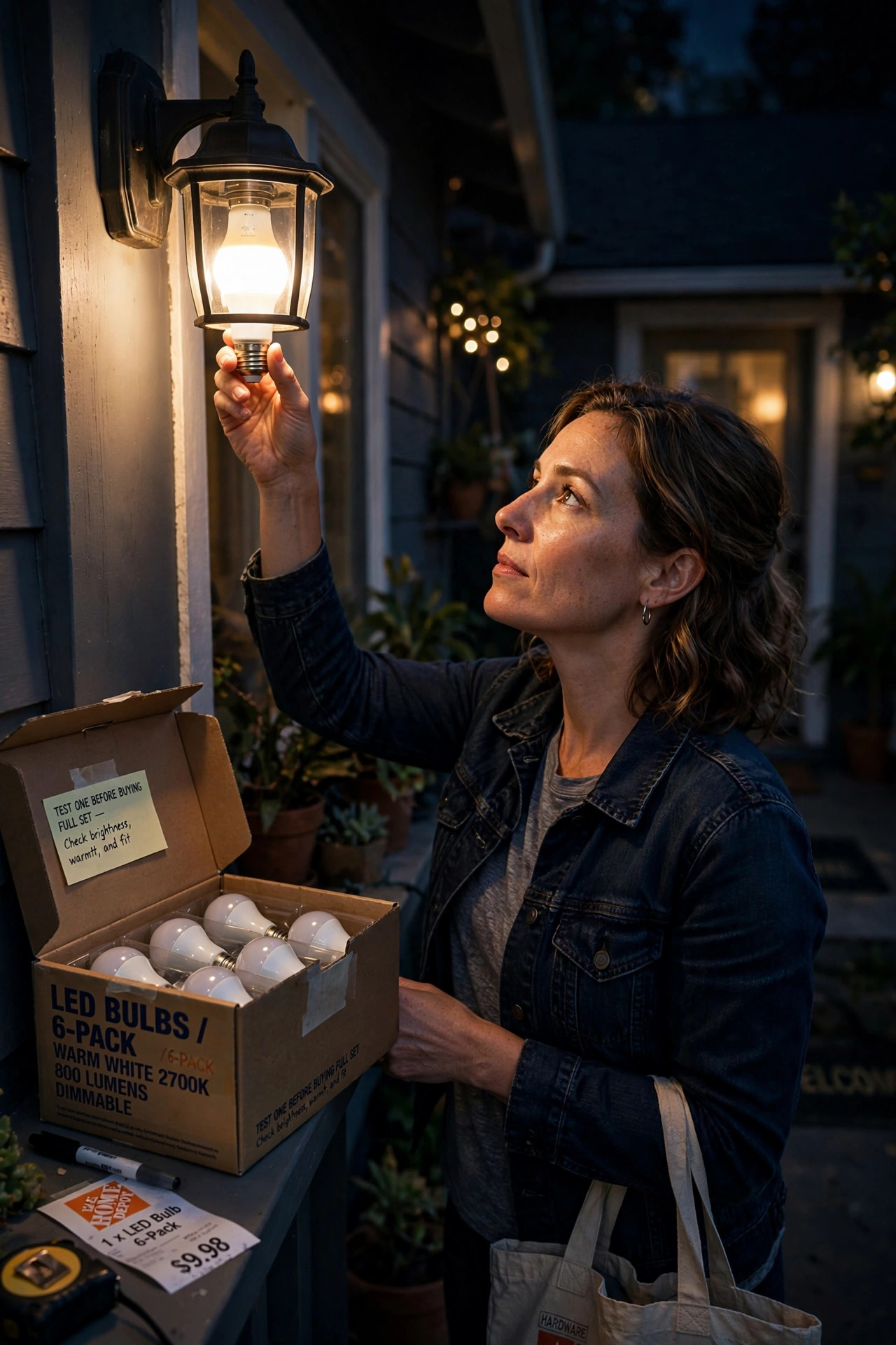 Homeowner testing a single warm white LED bulb in a porch fixture at night before buying a full set