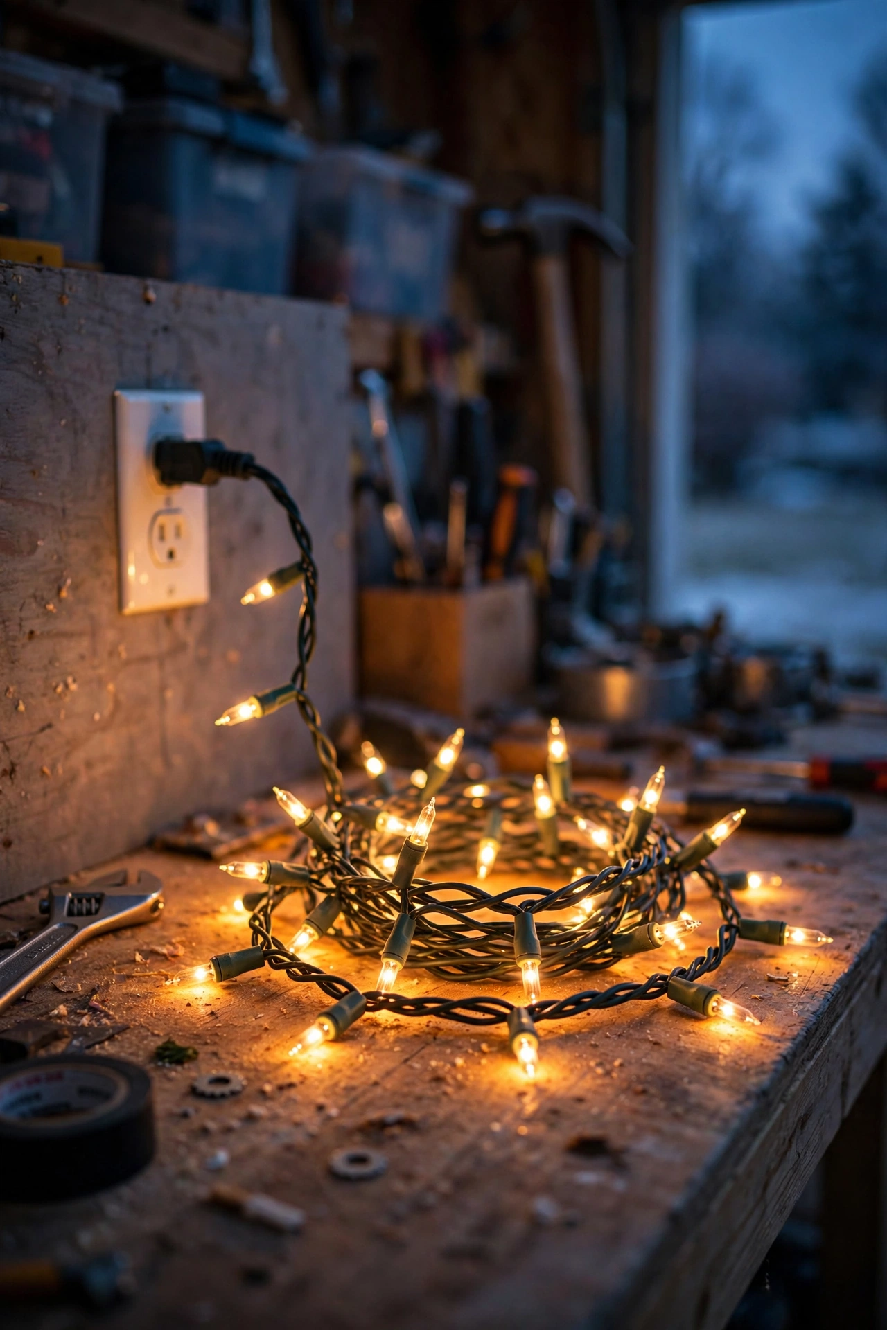 Testing a strand of outdoor Christmas lights plugged in on a driveway before storing for the season