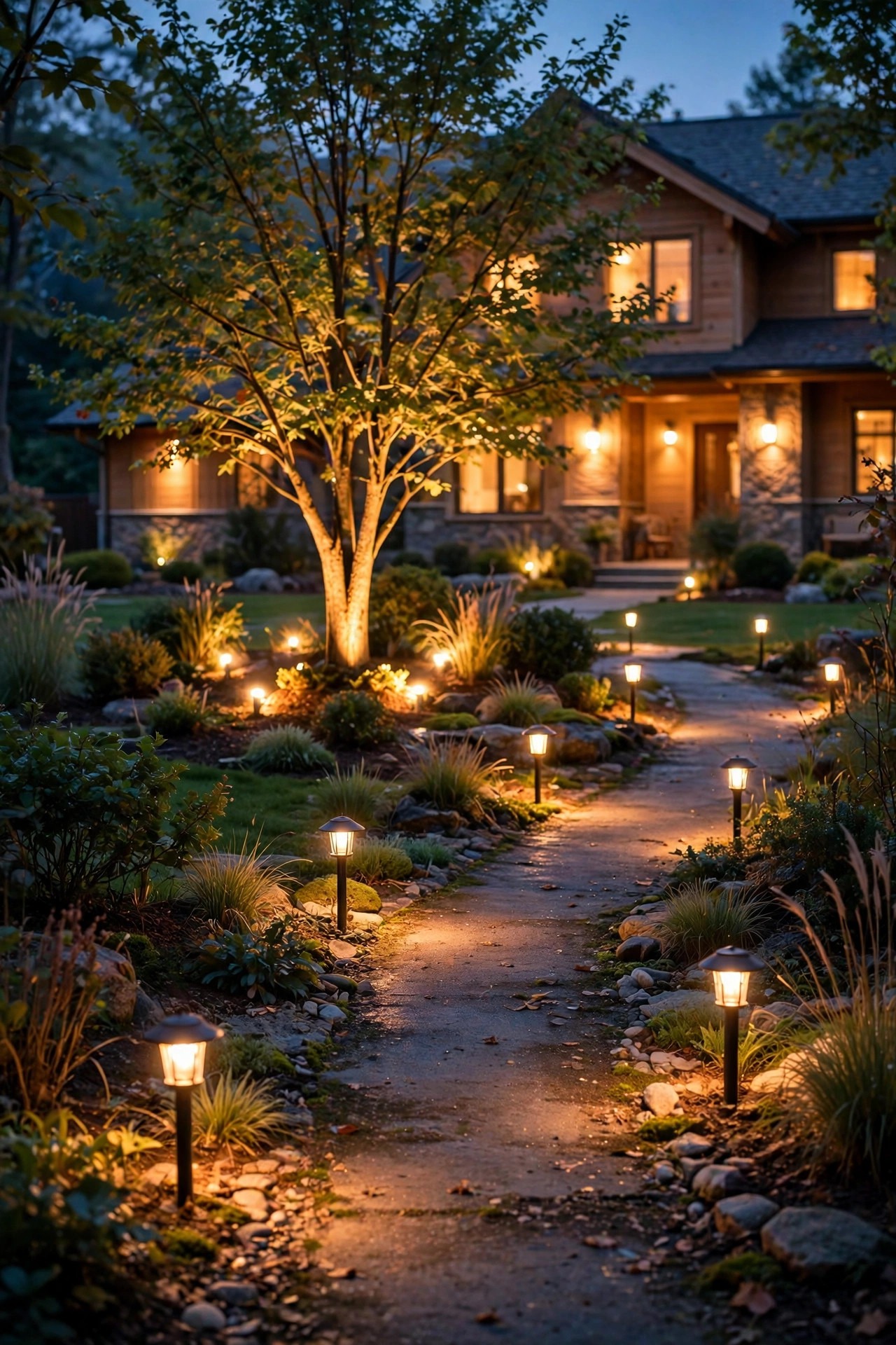 Three layers of warm light — street path lights, mid-yard tree uplights, and a glowing house facade — creating depth in a small front yard