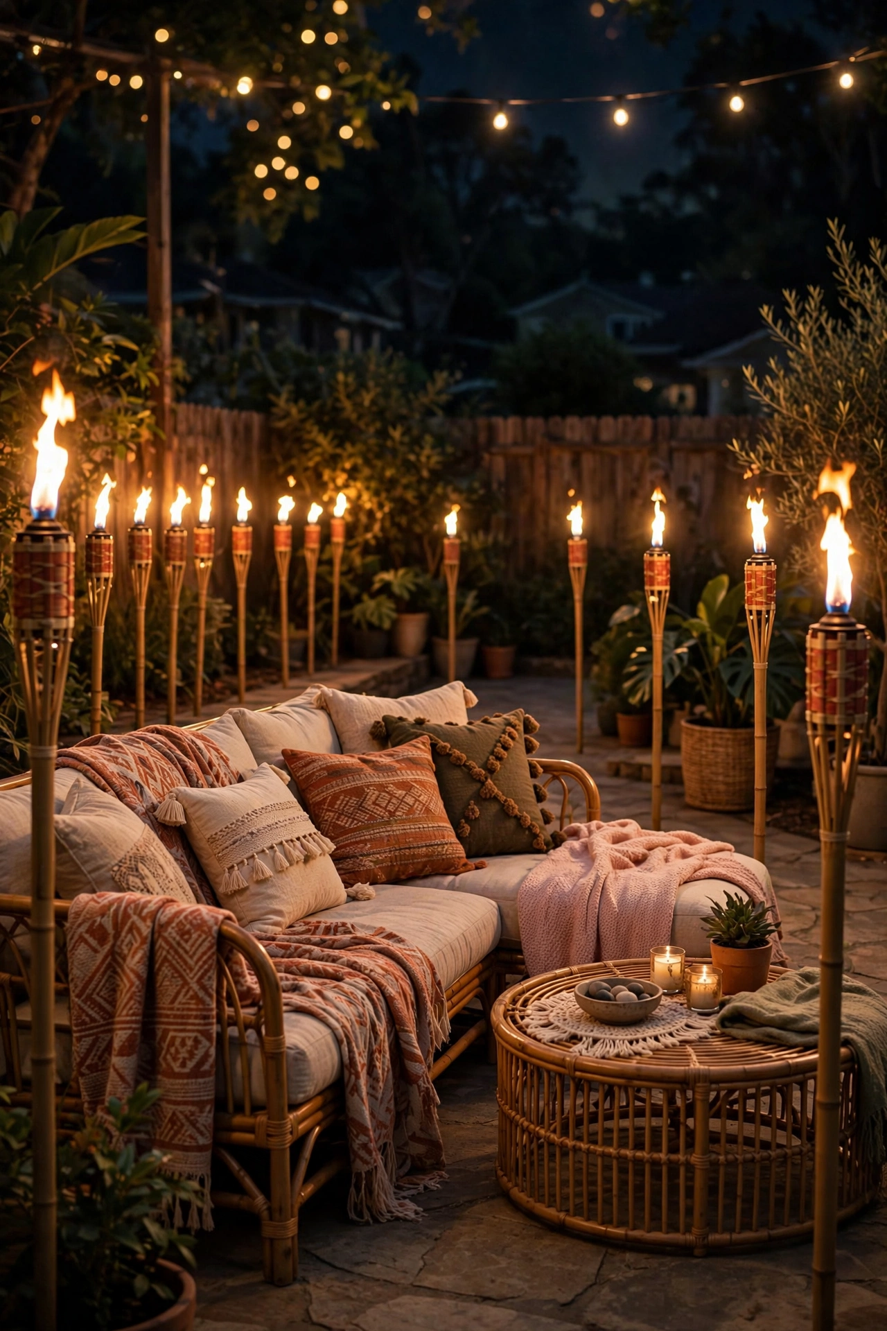 Bamboo tiki torches with flickering flames lining a boho patio perimeter at night