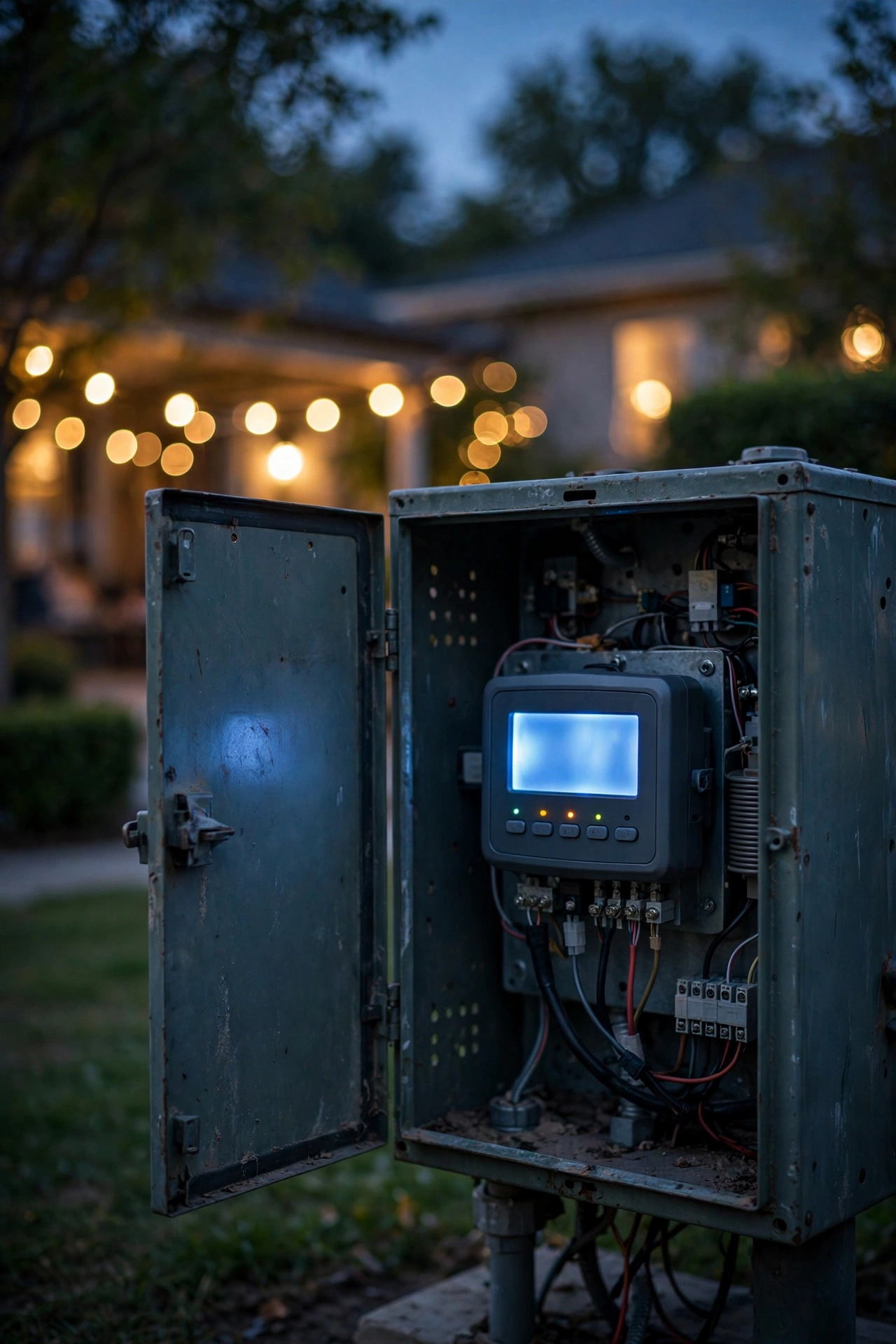 Hands adjusting a digital landscape lighting timer inside an open transformer box at dusk