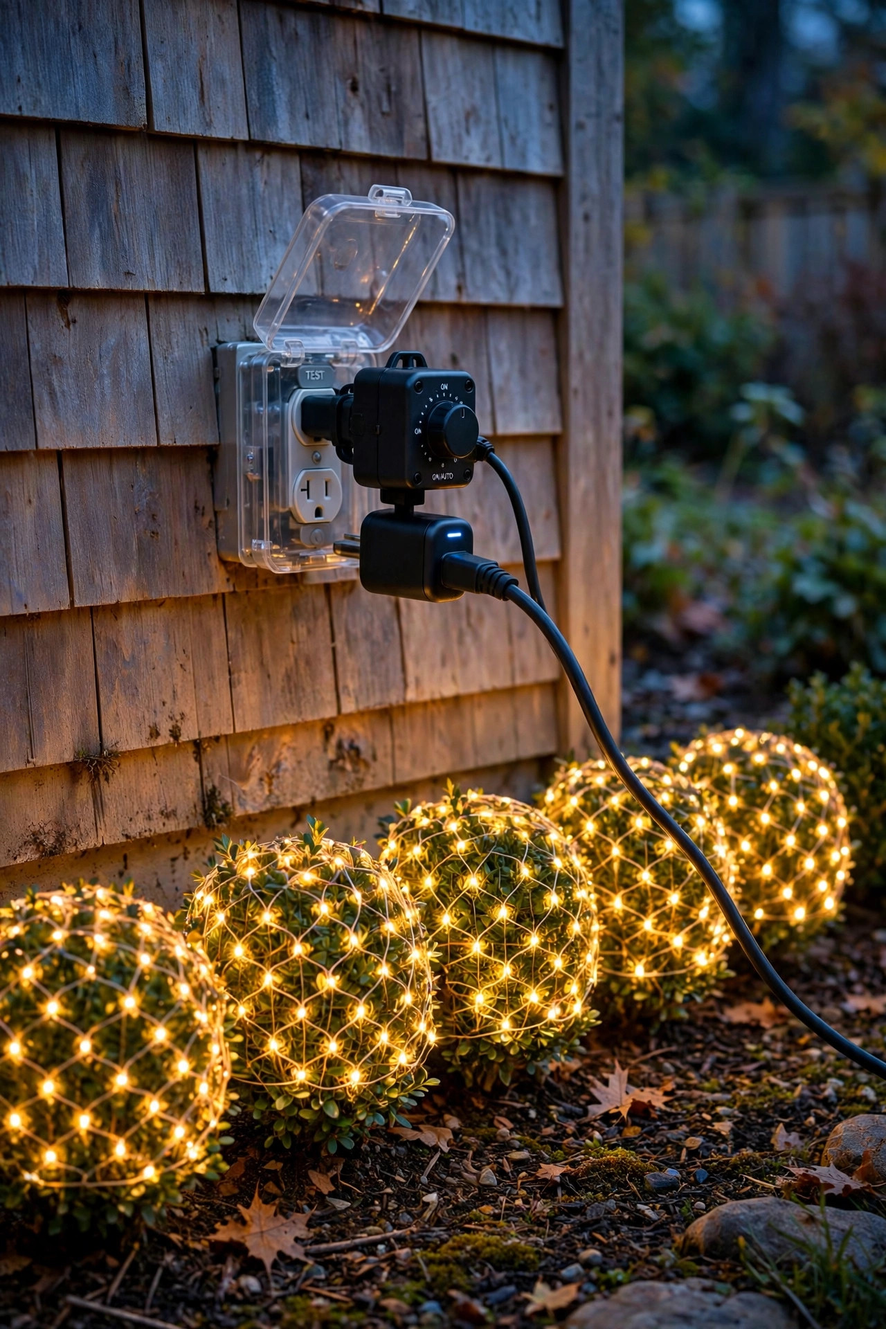 Outdoor timer and smart plug on a GFCI outlet running a row of net lit shrubs that switch on together at dusk