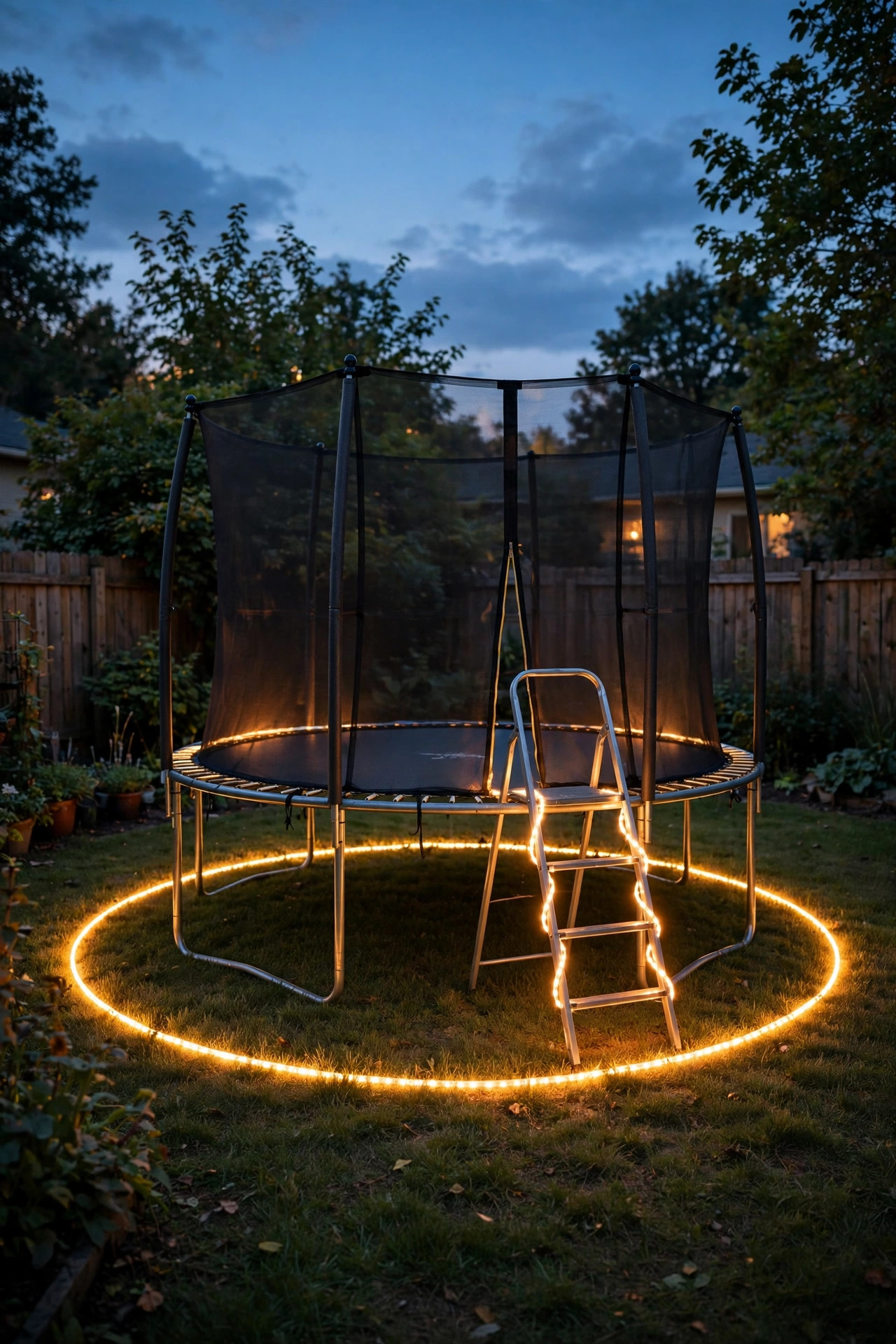Backyard trampoline outlined at dusk by a glowing LED rope light ring on the grass with a lit ladder