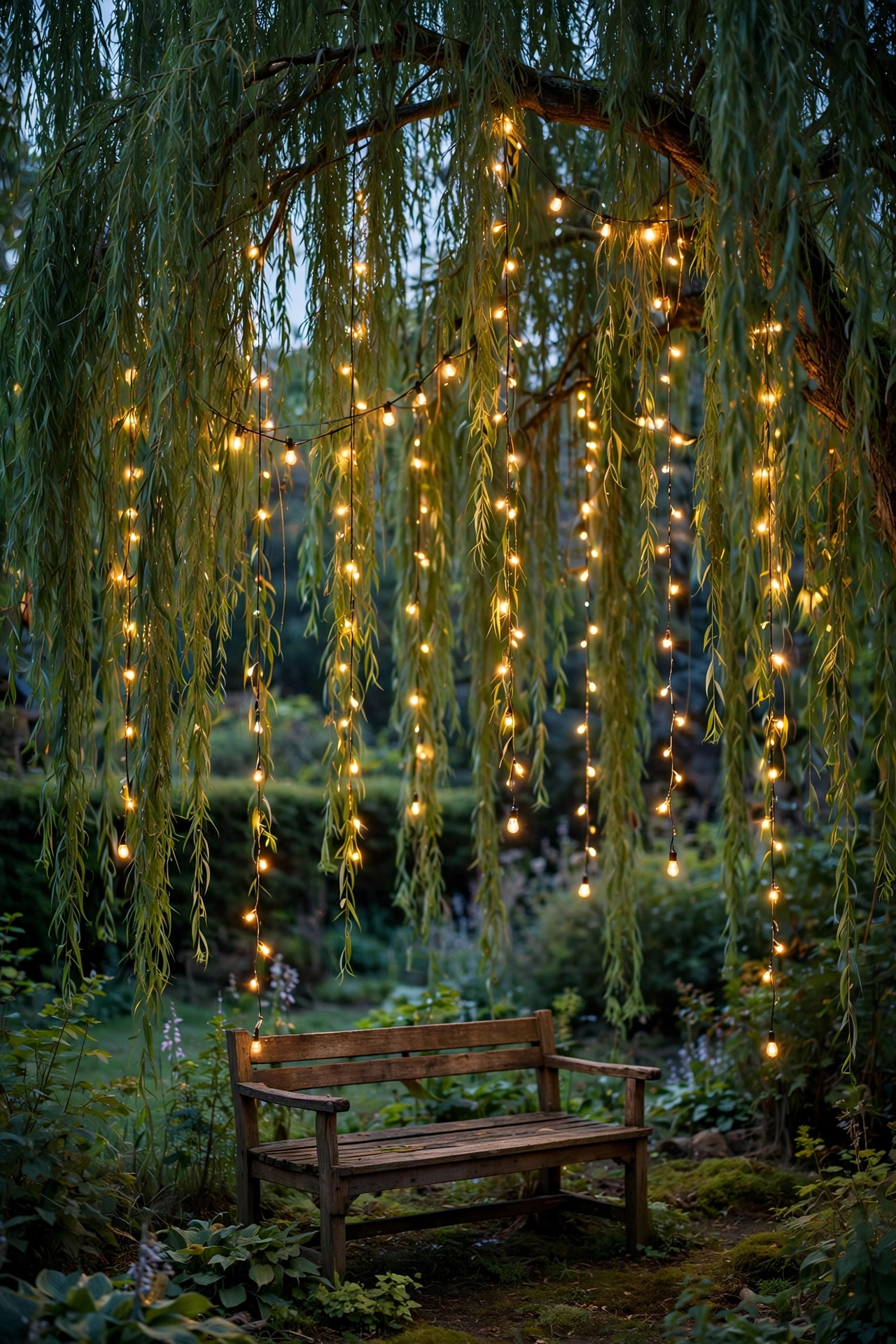 Hanging light strands draped from a tree canopy like a weeping willow over a garden bench