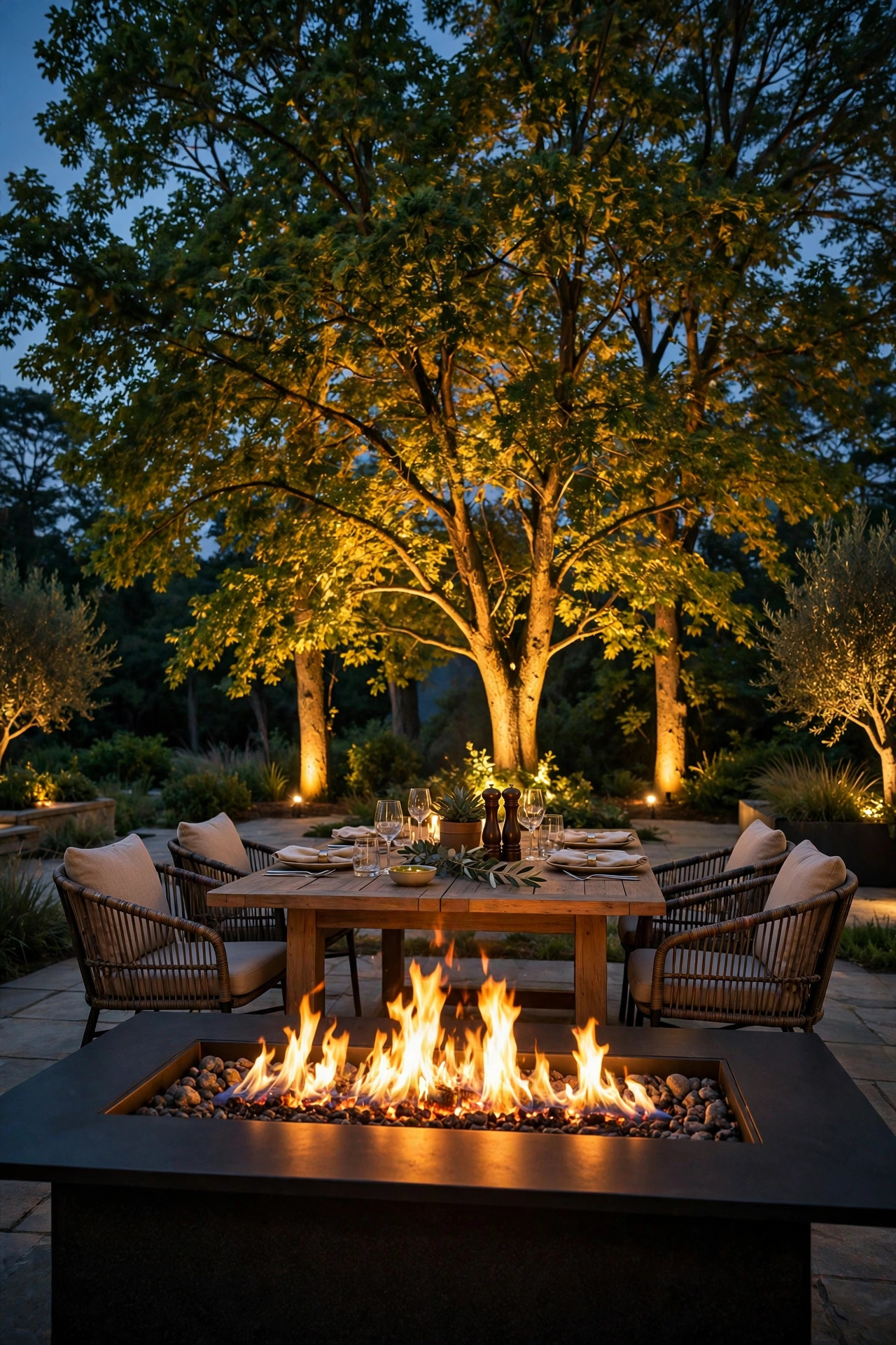 Tree canopy uplighted with warm light behind an outdoor dining area, forming a glowing backdrop for a fire table