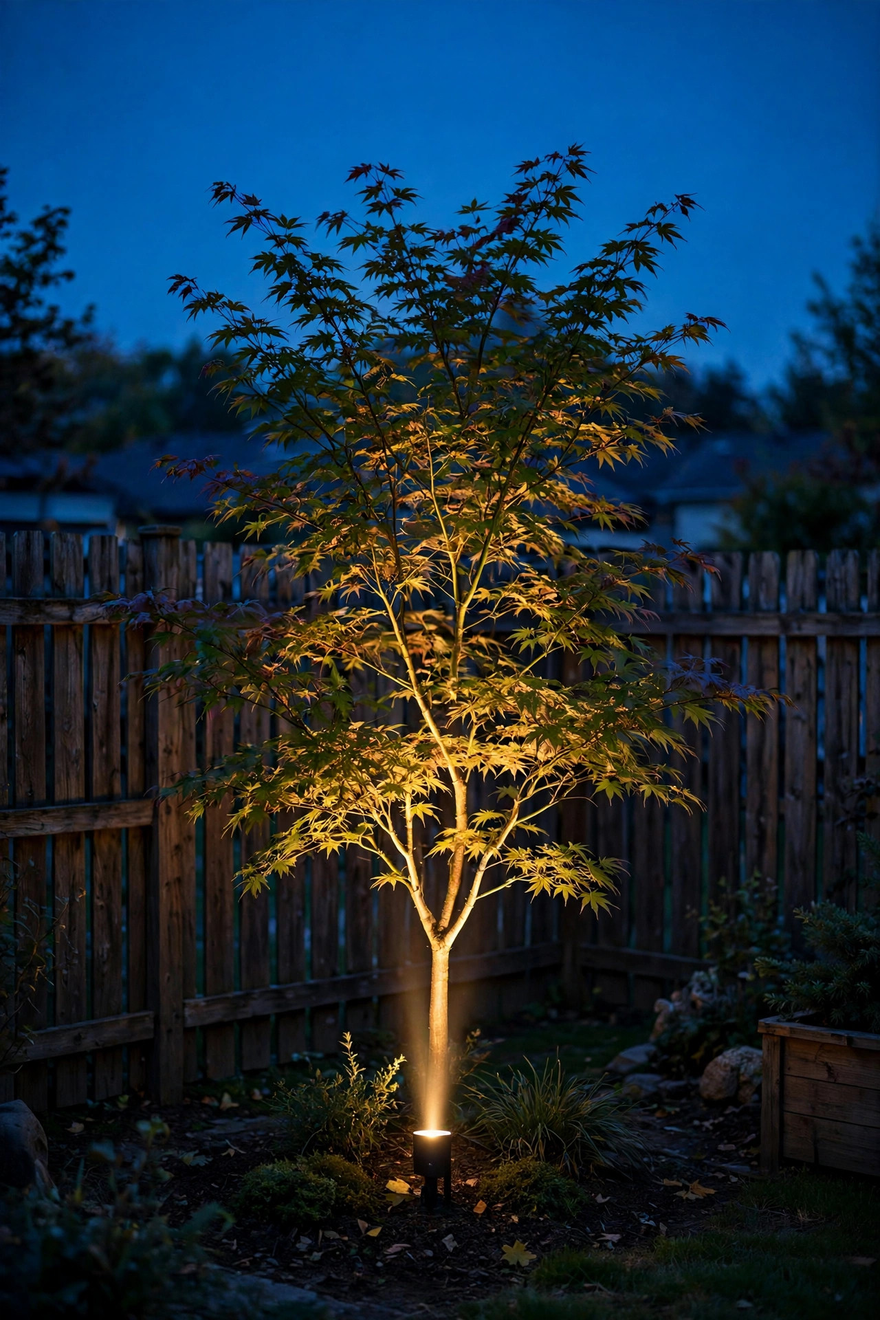 Single narrow-beam uplight glowing into the canopy of a small ornamental tree in a fenced backyard at dusk