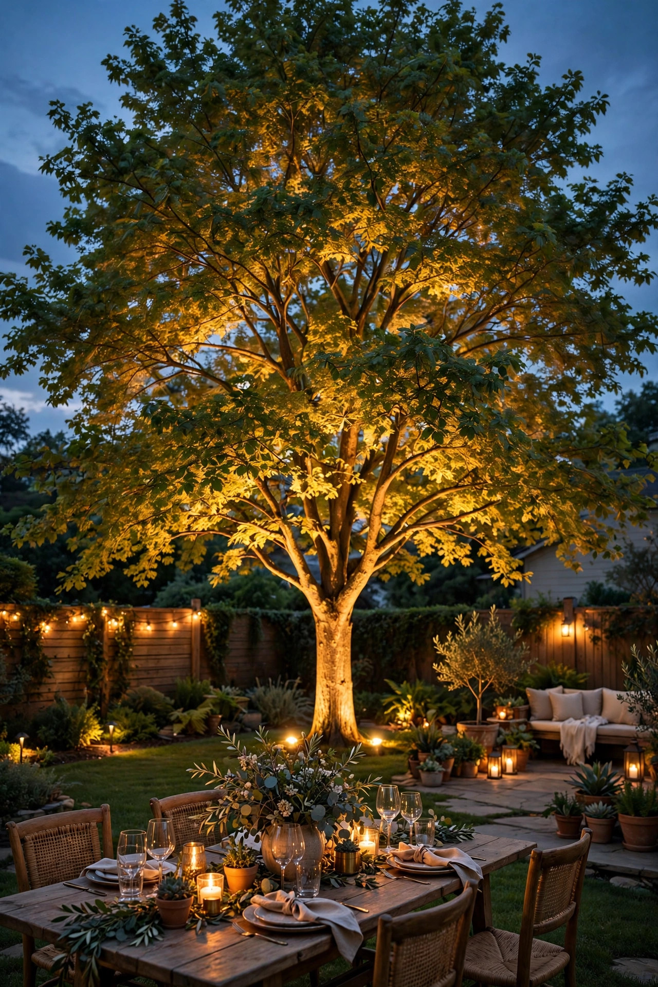 Small ornamental tree in a planter uplighted at night on a narrow townhome patio