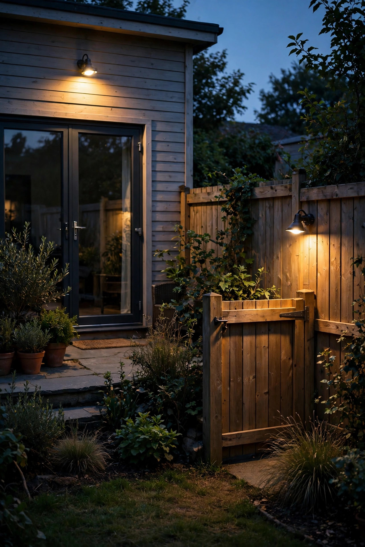 Two modest security flood lights covering separate zones of a backyard, one over the patio door and one at the side gate, soft overlapping light