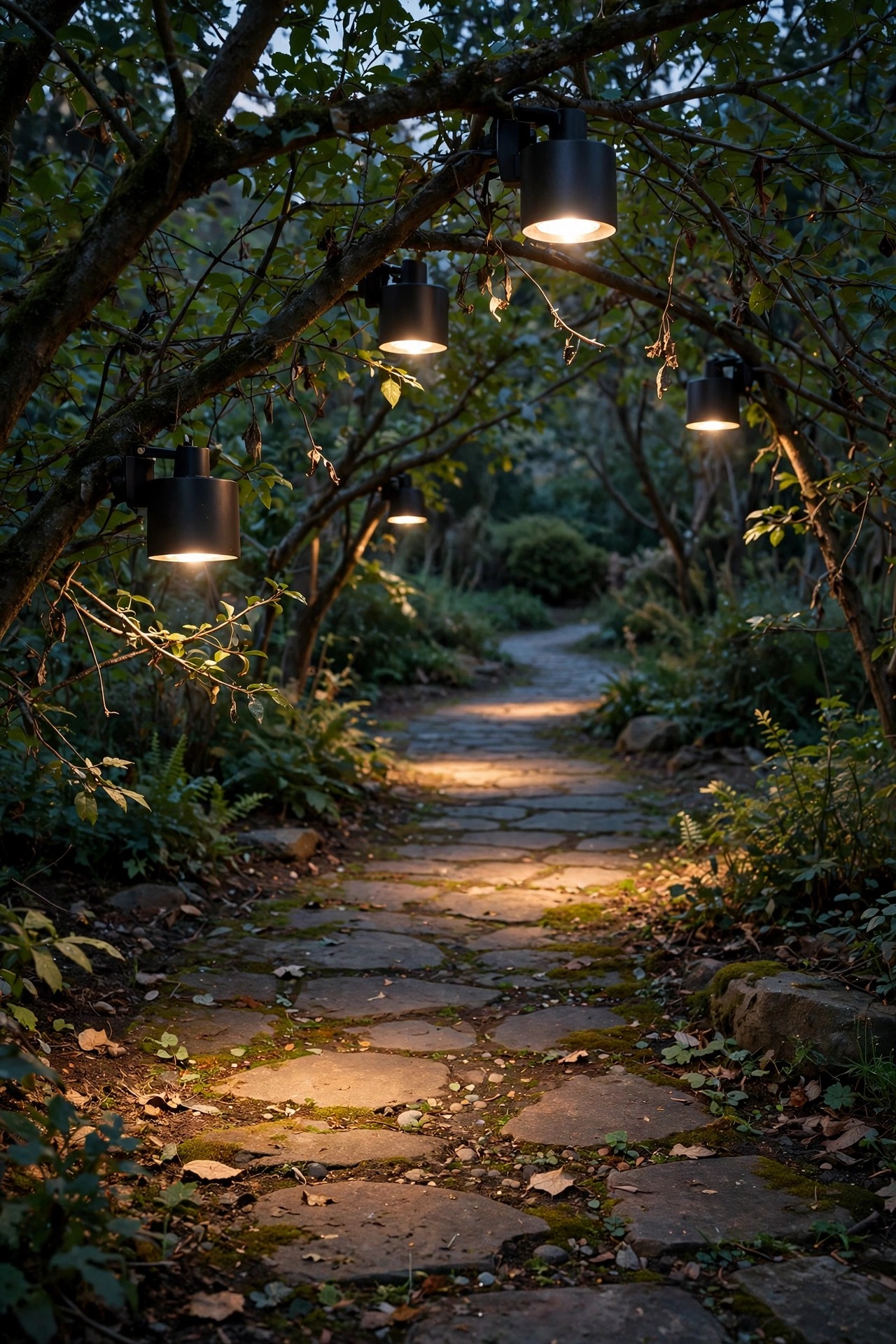 Shielded downlights in low tree branches casting soft pools of light onto a stone path below