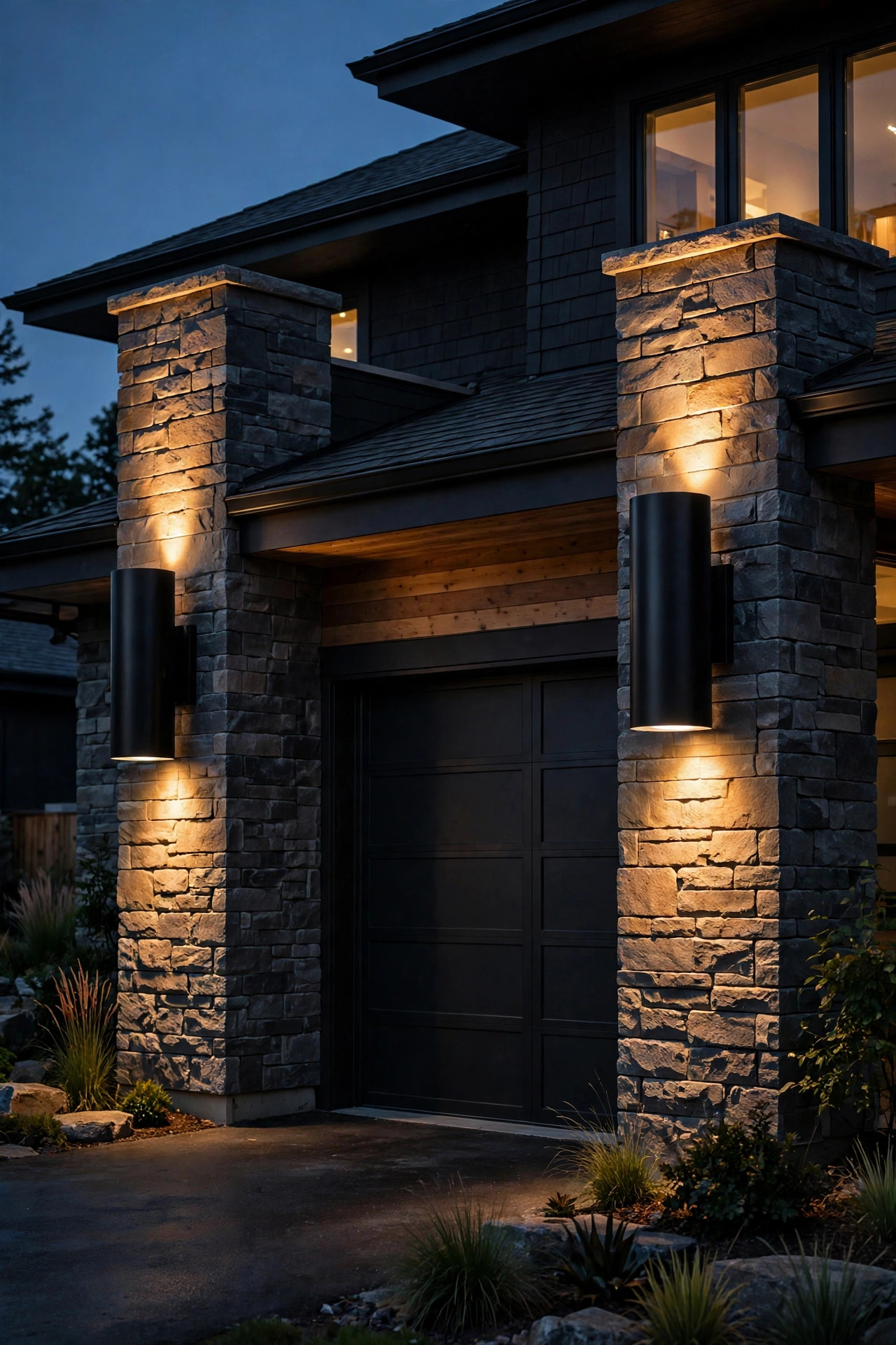 Oversized black up-down cylinder sconces washing twin beams of warm light on tall garage piers of a large home at night