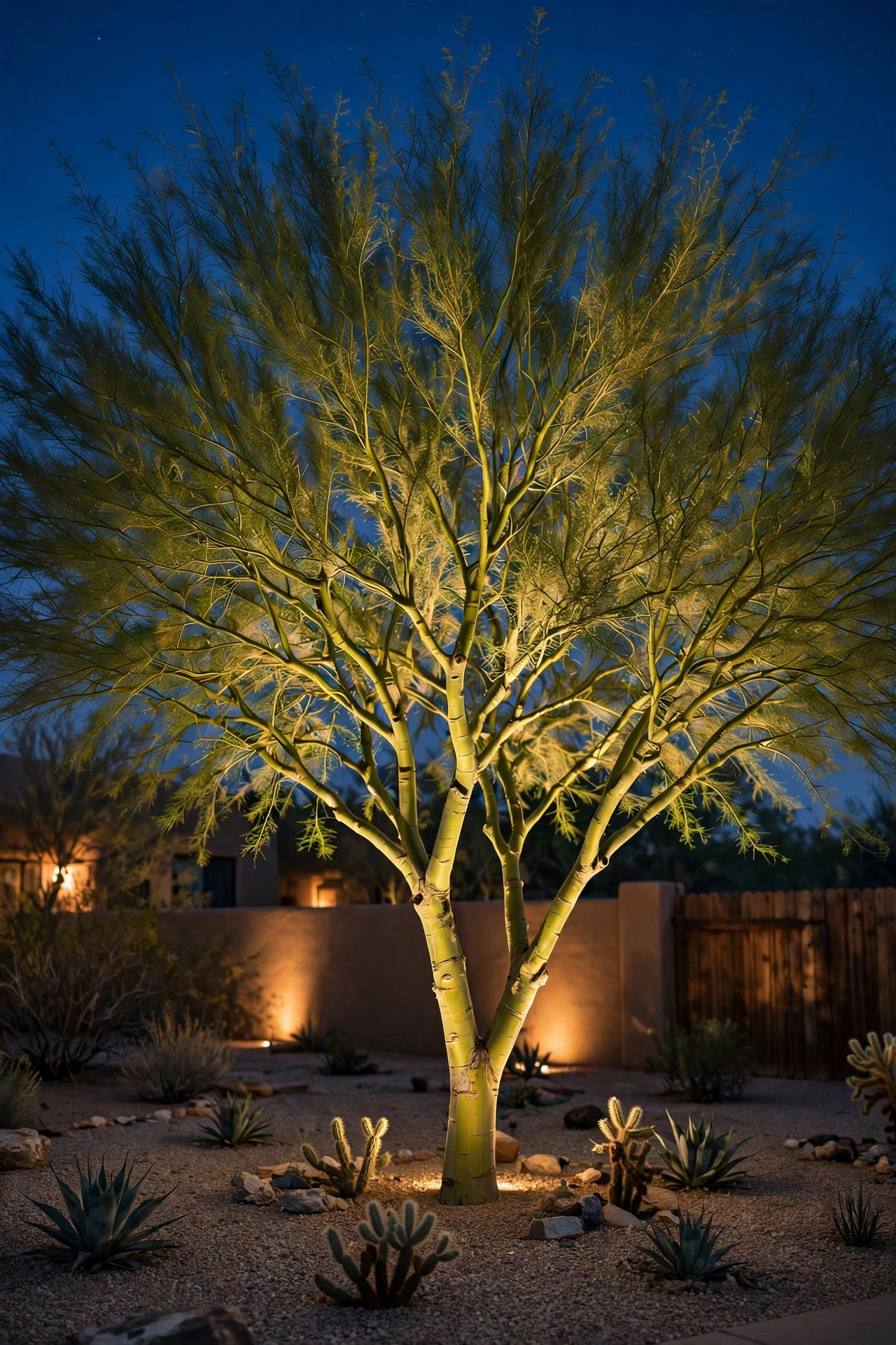 Palo verde tree with green bark and canopy softly uplighted at night in a gravel desert backyard