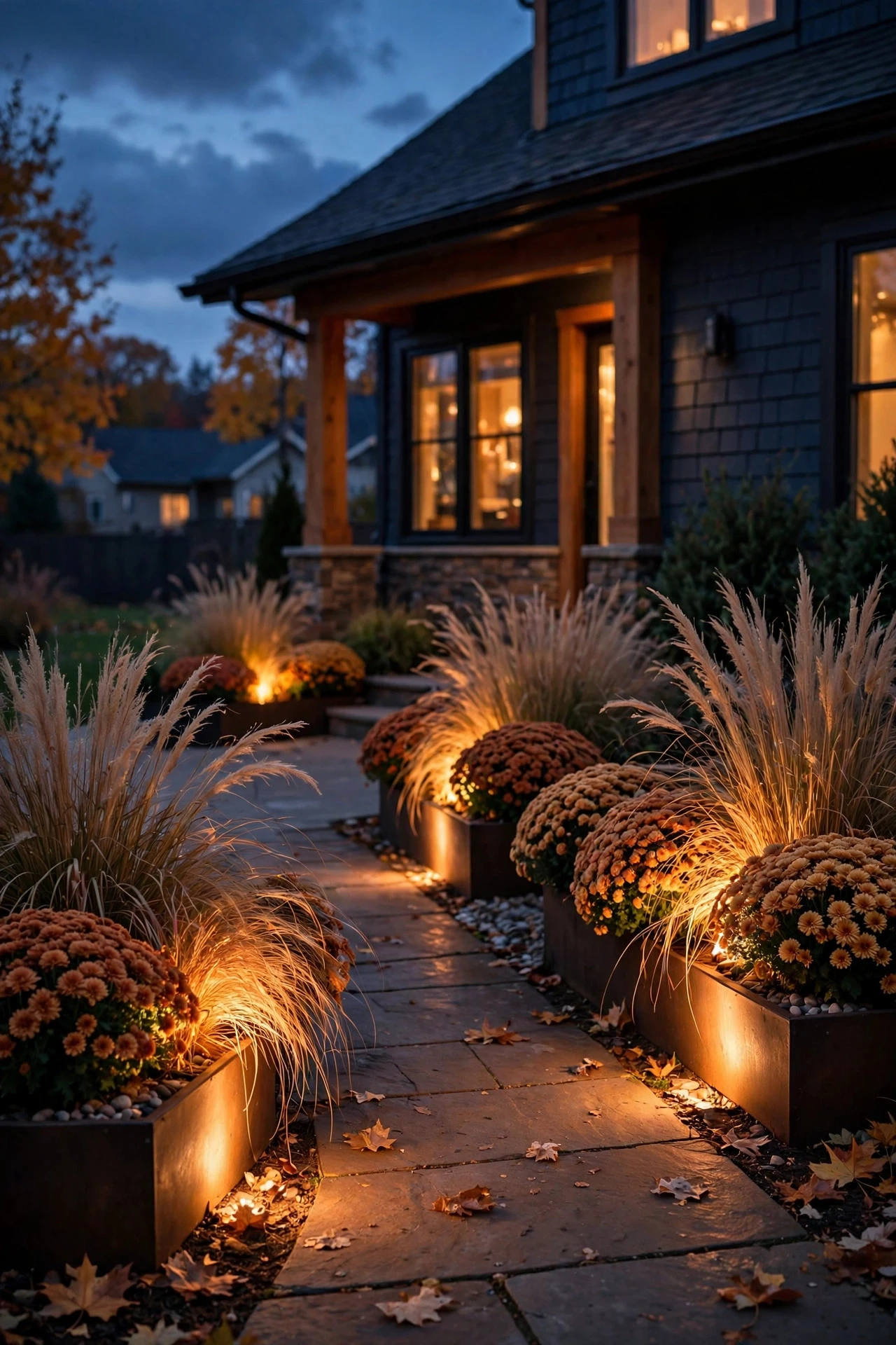 Warm uplights glowing through bronze mums and grasses in planters beside a path