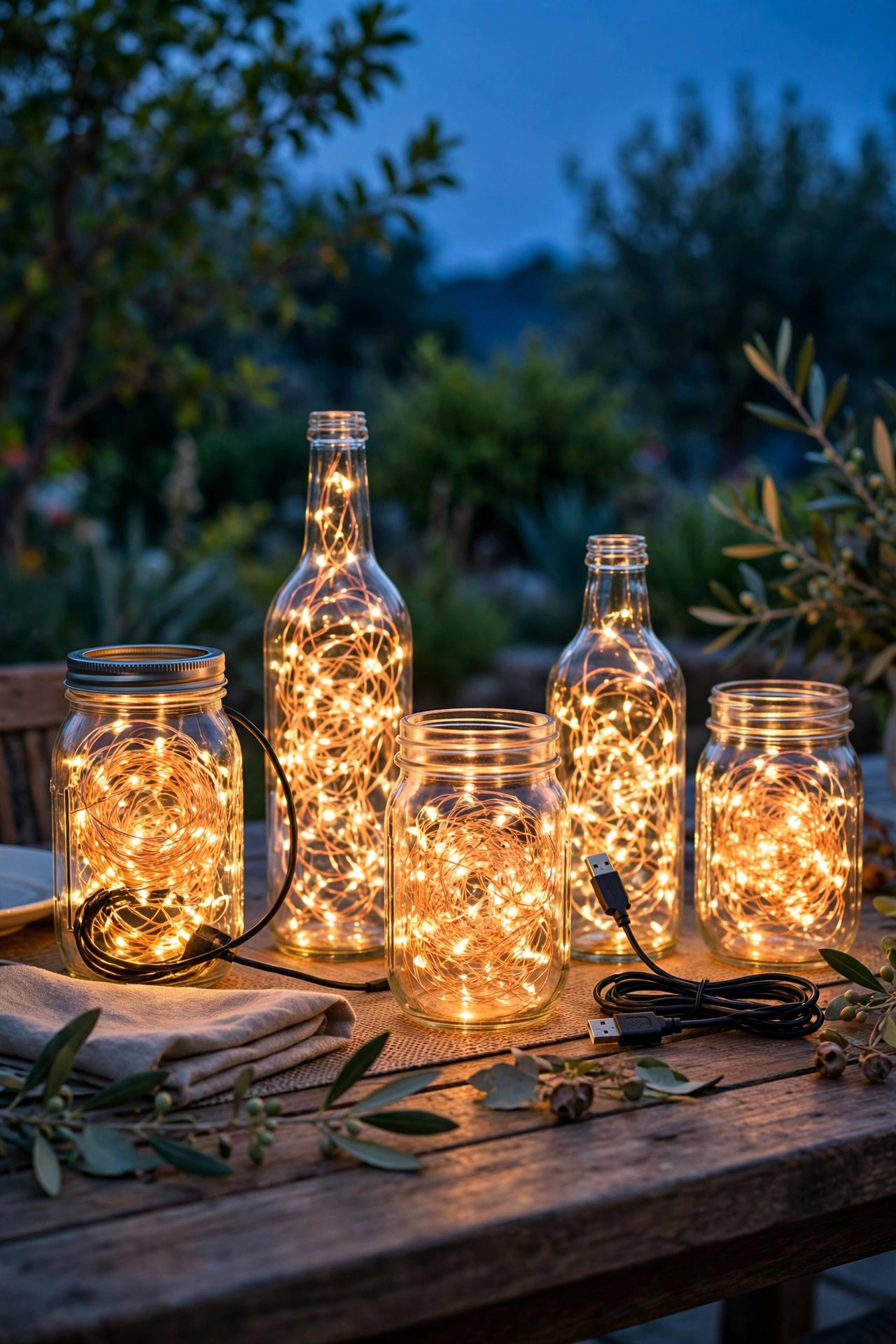 Mason jars and bottles filled with warm USB copper wire fairy lights on an outdoor dining table at dusk