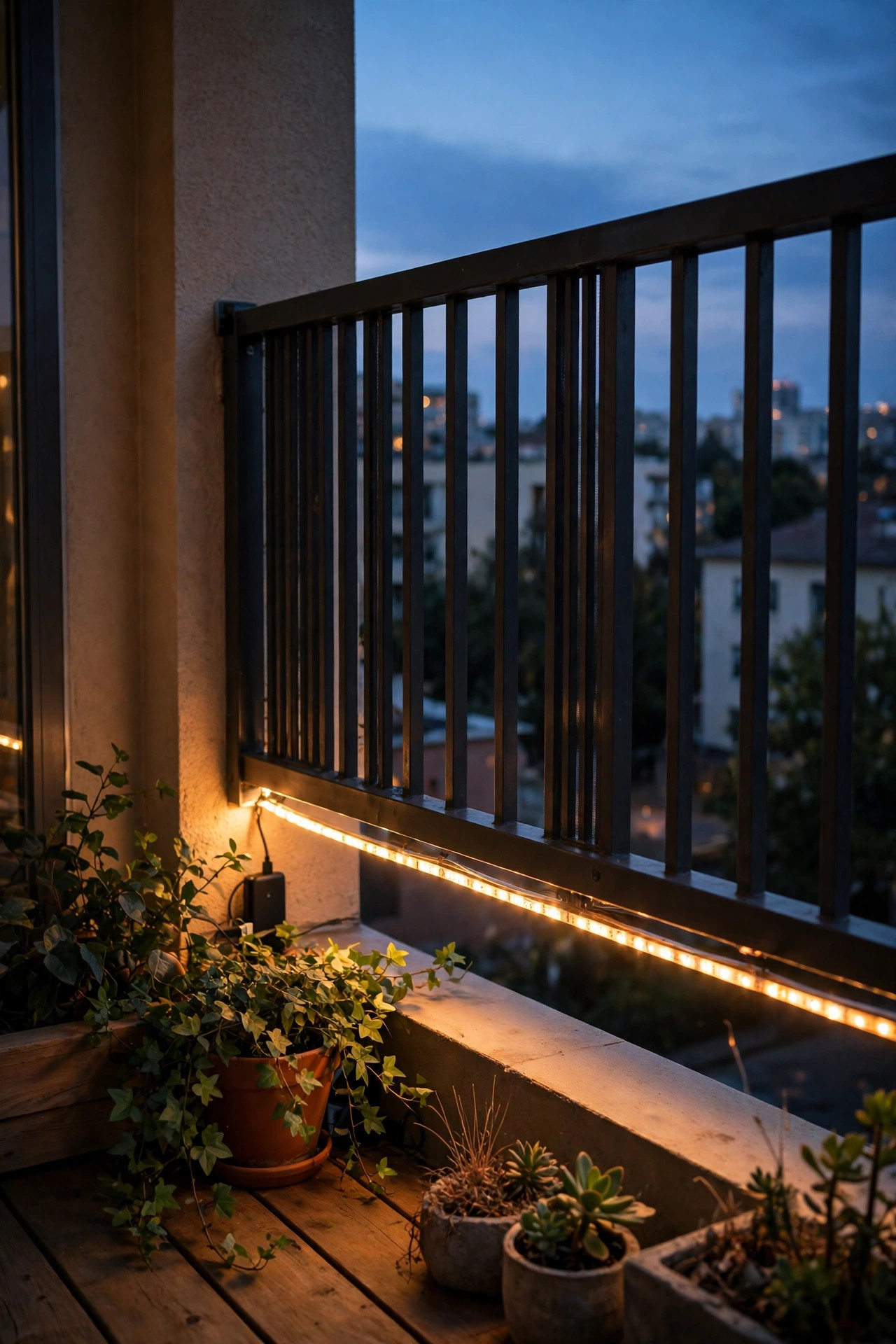 USB LED strip glowing warmly under a balcony railing powered by a hidden power bank