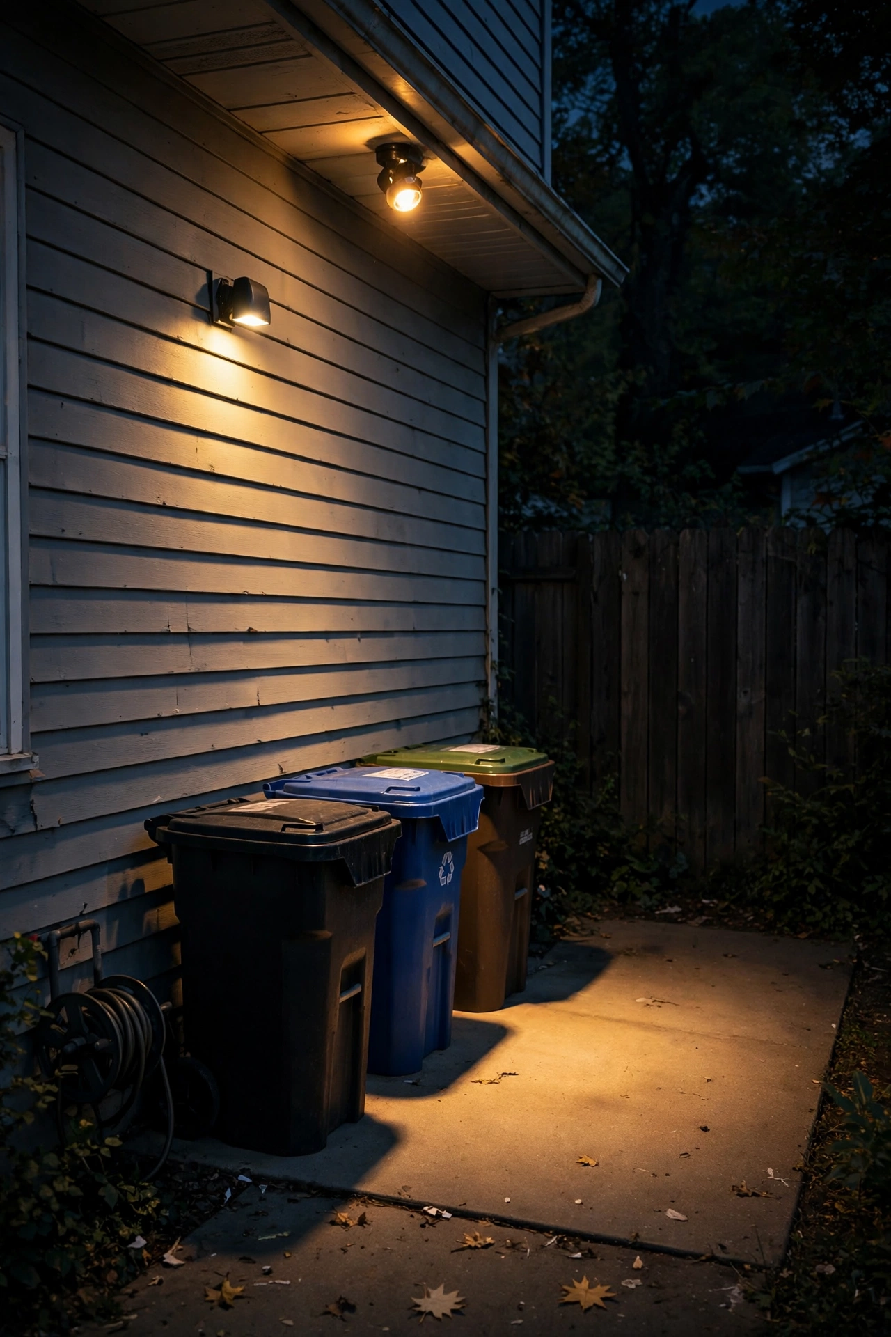 Small motion light glowing above trash bins in a side yard utility corner at night