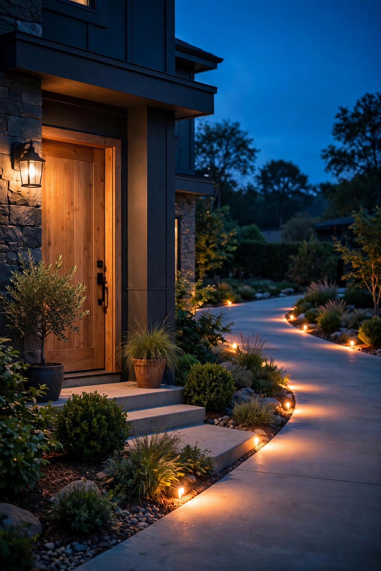 Front door and driveway glowing together at dusk with porch light and apron lights lit for an arriving visitor