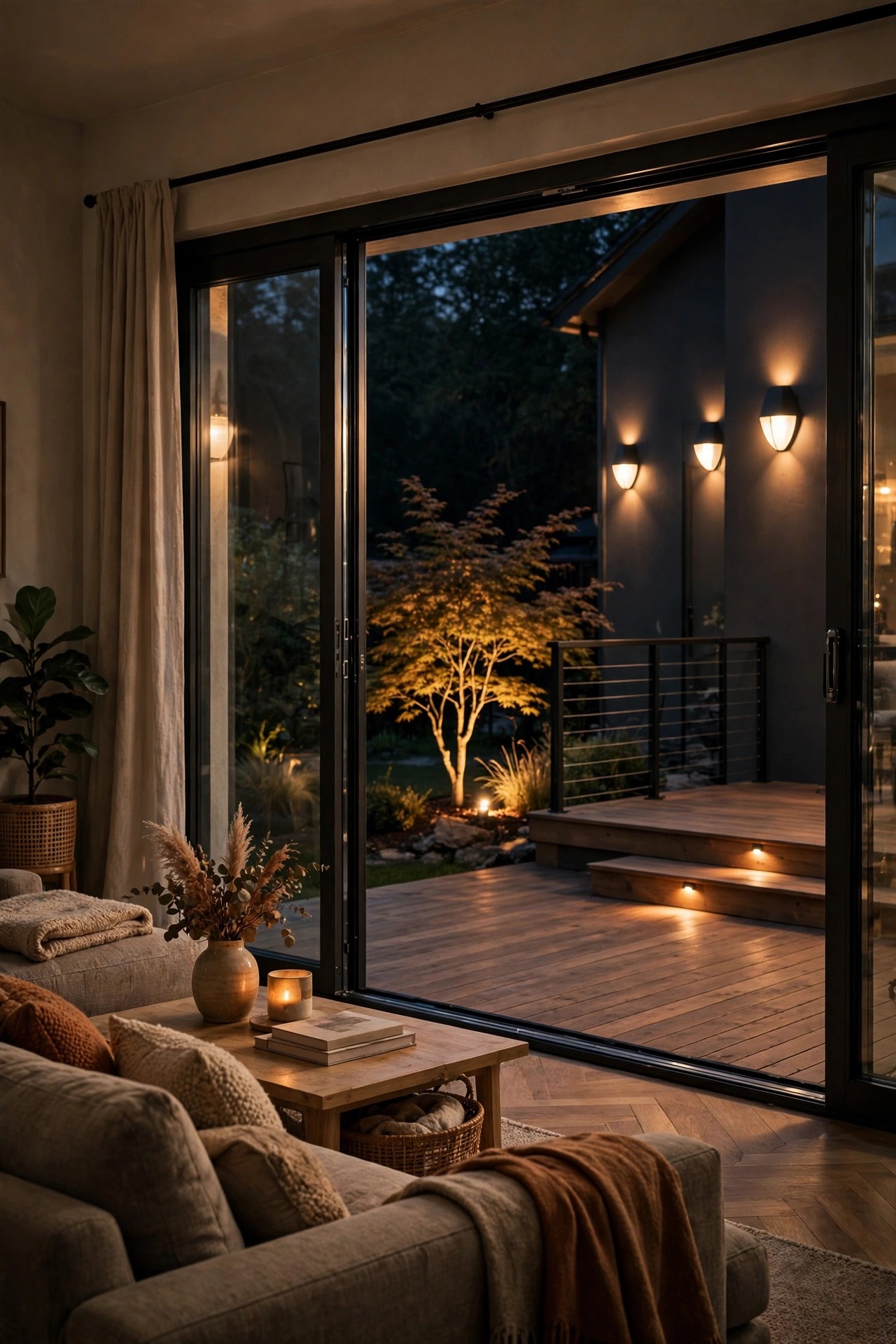 View through open sliding glass doors from a warm living room onto a deck at night, all light appearing as soft glow from shielded fixtures with a small uplit ornamental tree glowing beyond the railing