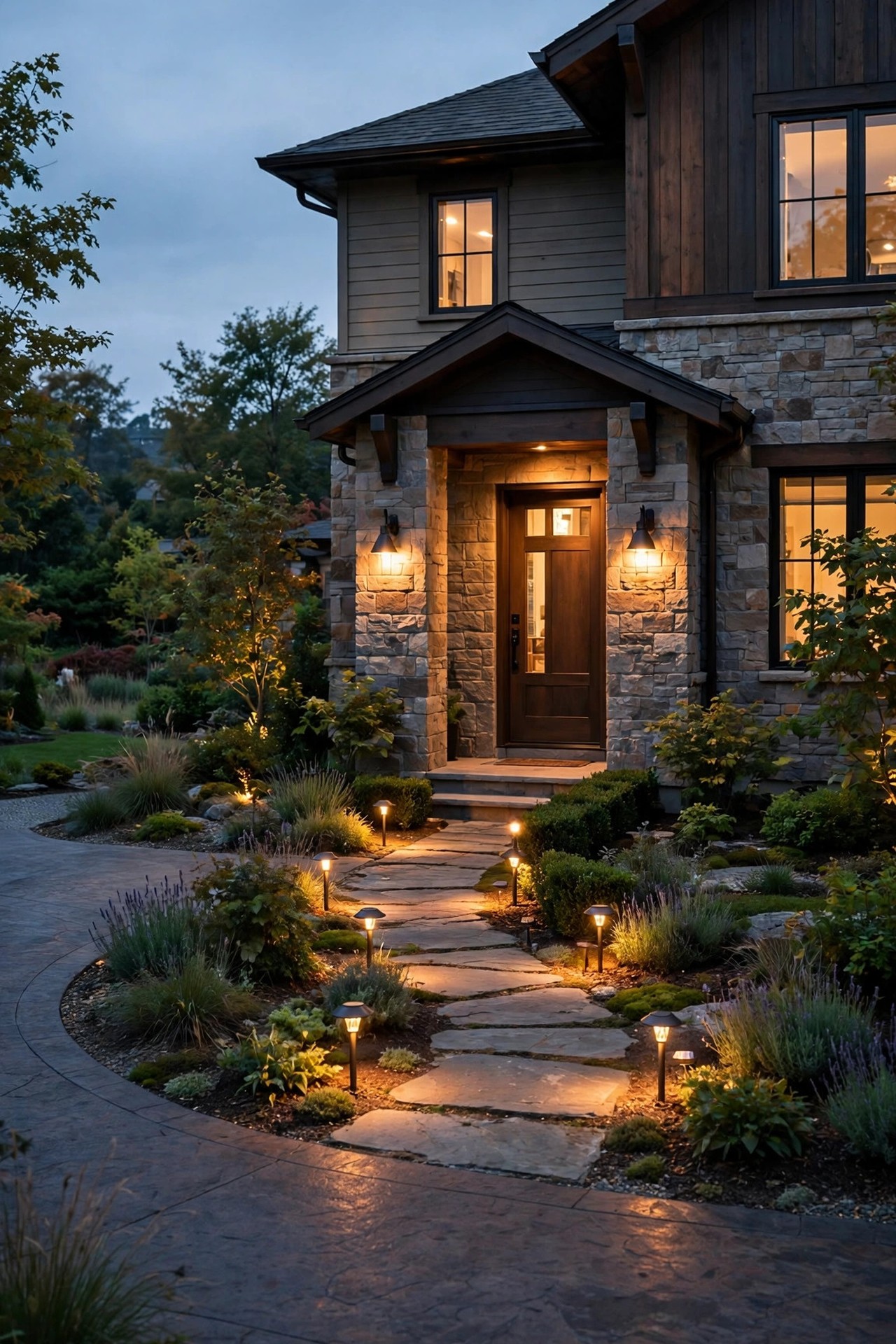 Short garden path from a circular driveway to a front door lined with warm path lights at dusk