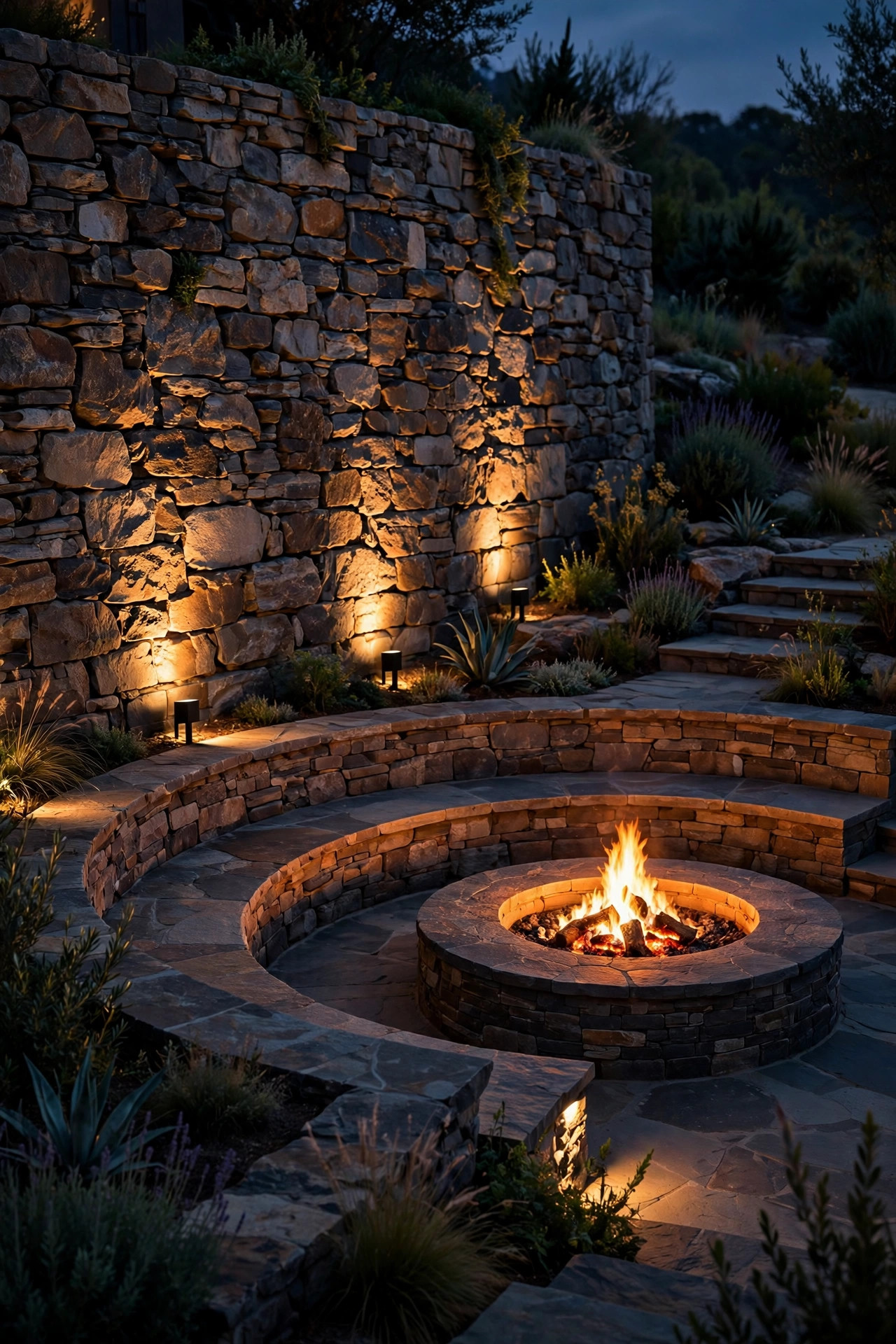 Uplights grazing a rough stacked-stone retaining wall beside terraced fire pit seating at night