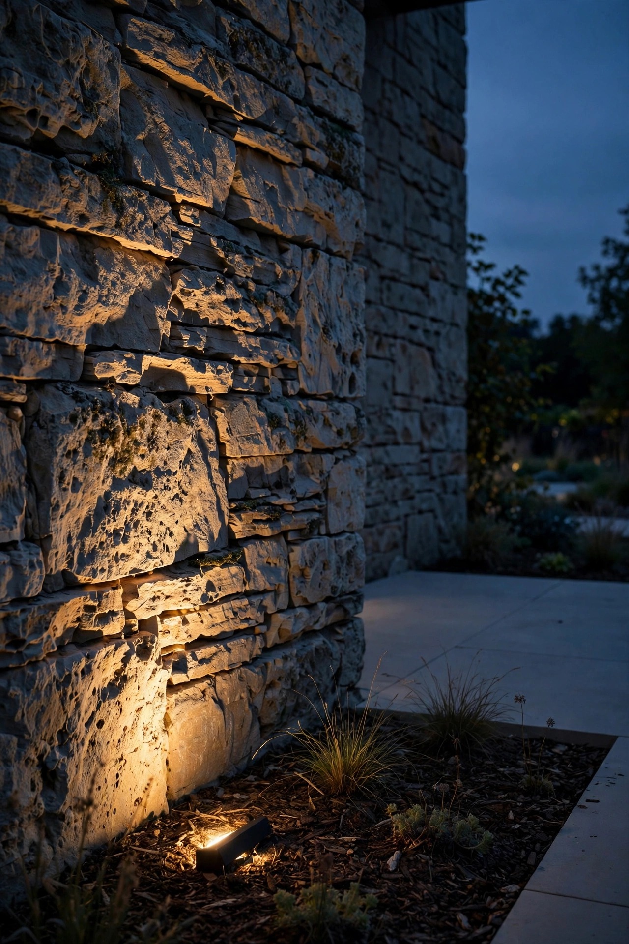 Warm light grazing up a textured stone wall beside a patio at dusk from a narrow beam uplight hidden in mulch, minimalist drama